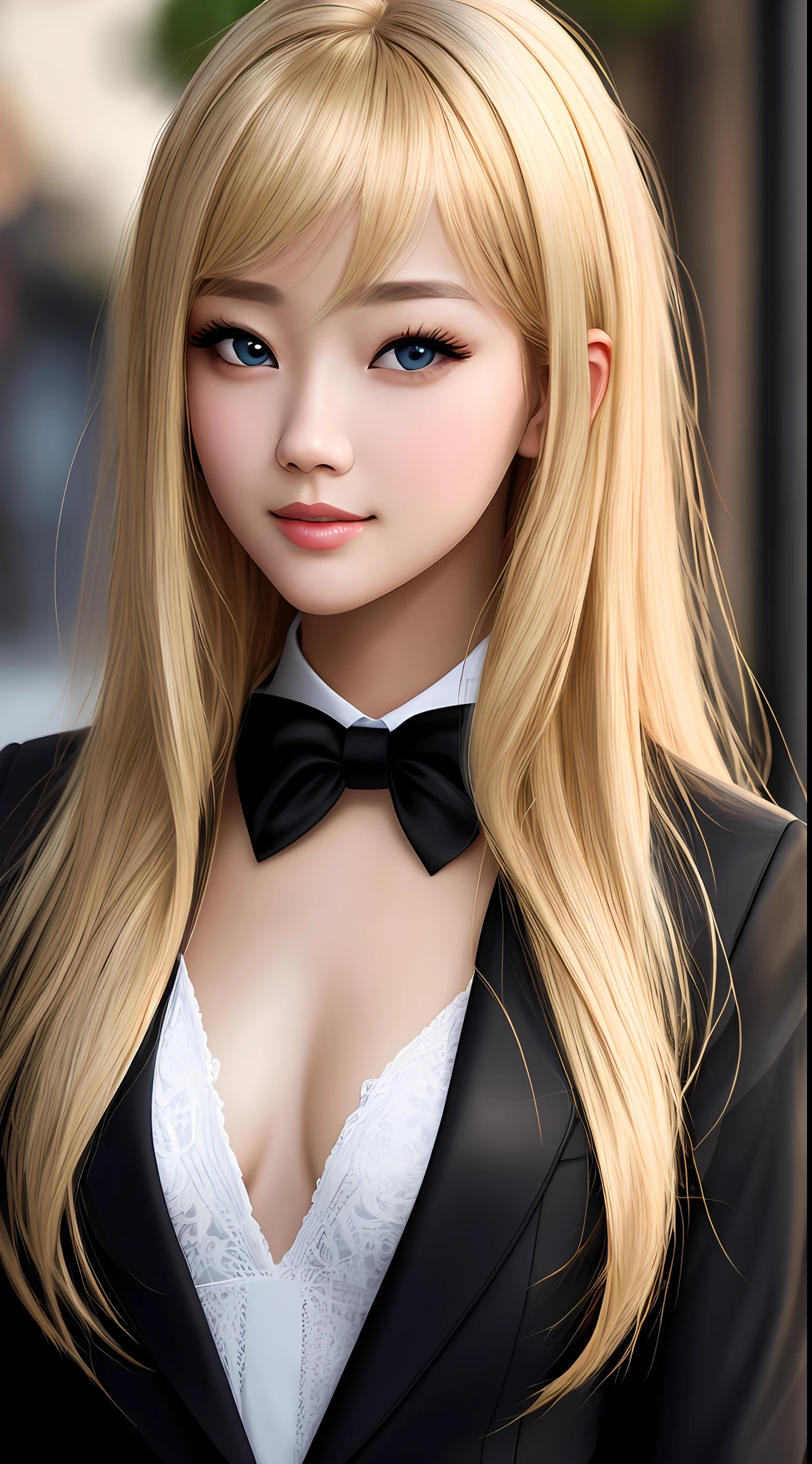 best quality, masterpiece, 1girl, Beautiful face, (blonde hair), (photo realistic:1.3), rim lighting, (high detailed skin:1.2), 8k uhd, dslr, high quality, high resolution, 4k, 8k, Bokeh,  absurdres, best ratio four finger and one thumb, (realistic:1.3), ulzzang, cute kawaii 1girl, wearing black formal blazer, medium breasts,