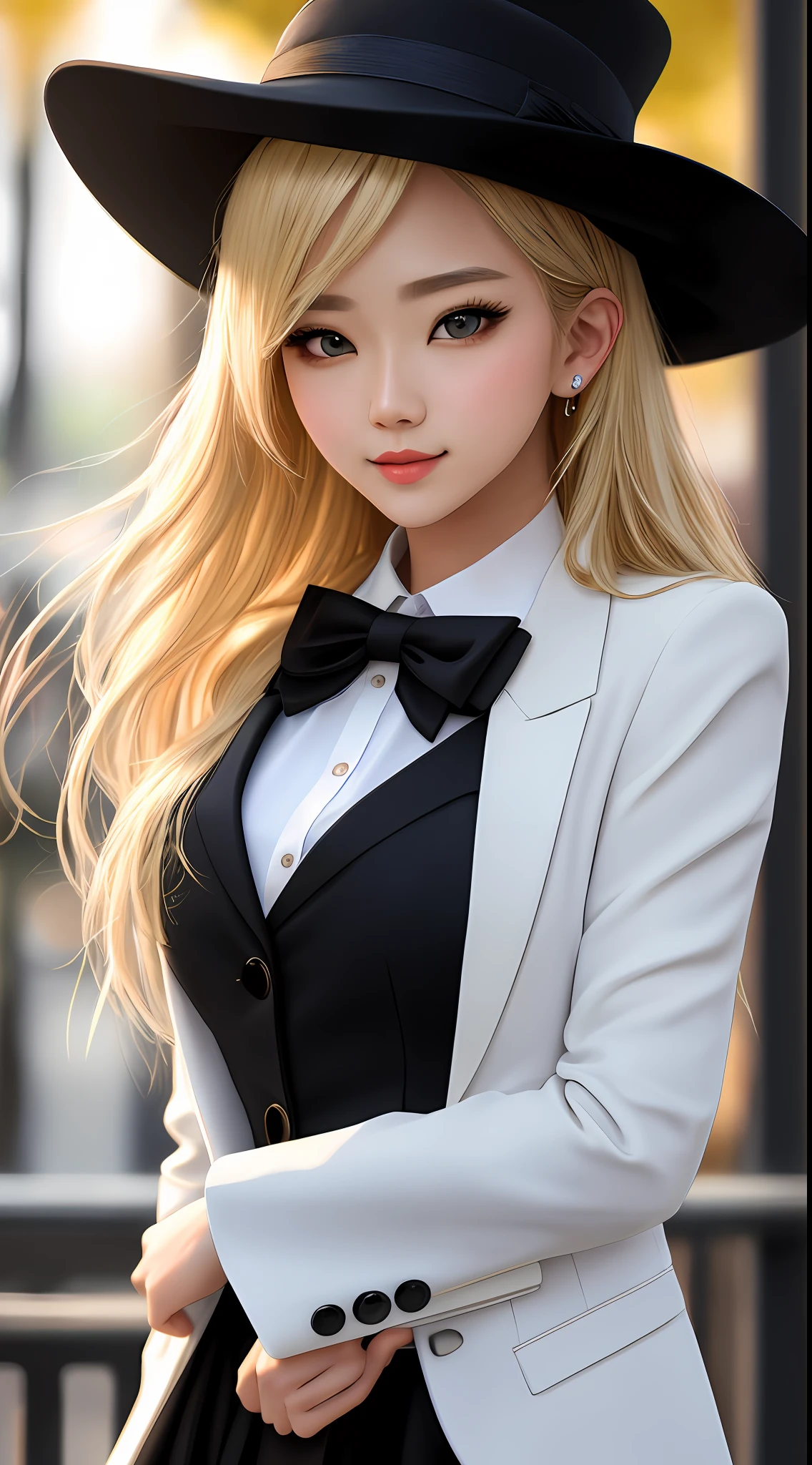 best quality, masterpiece, 1girl, Beautiful face, (blonde hair), (photo realistic:1.3), rim lighting, (high detailed skin:1.2), 8k uhd, dslr, high quality, high resolution, 4k, 8k, Bokeh,  absurdres, best ratio four finger and one thumb, (realistic:1.3), ulzzang, cute kawaii 1girl, wearing black formal blazer, medium breasts,