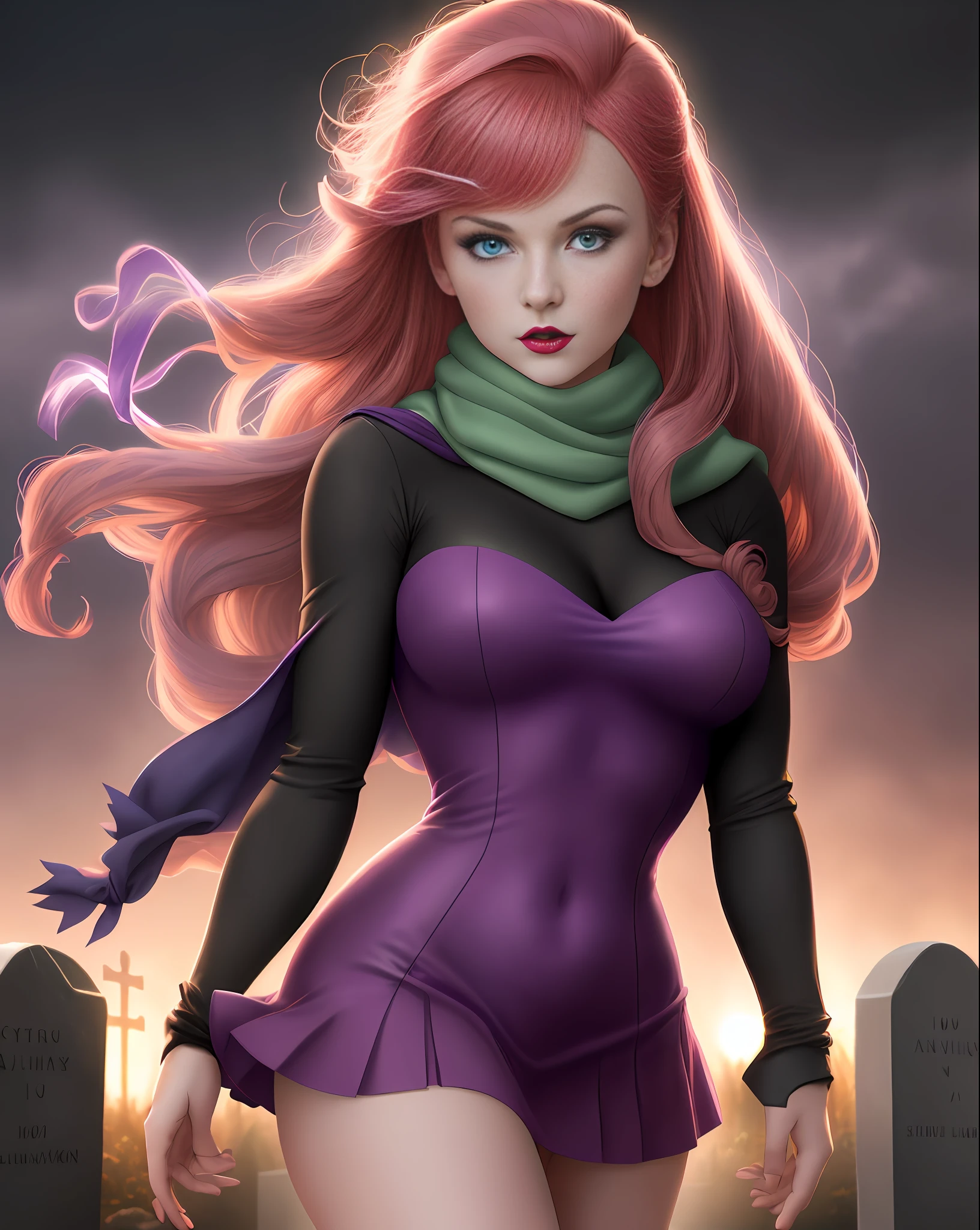 Patrician girl, Daphne Blake from the Scooby Doo anime, western facial features, blue eyes, pink lipstick, natural red hair fulfilled, purple ribbon holding her hair on top, green neck scarf, short wool dress and glued purple color, slender and elegant, very sensual, posing for photo, large breasts, innocent look, cute, eye makeup only with black pencil,  short purple glove, graveyard, fog, dark, 3 a.m., cloudy night, horror weather, dawn, crosses, thriller, (masterpiece, blurred background, natural lighting, depth of field, ultra detailed and realistic photography, 100mm lens), portrait style