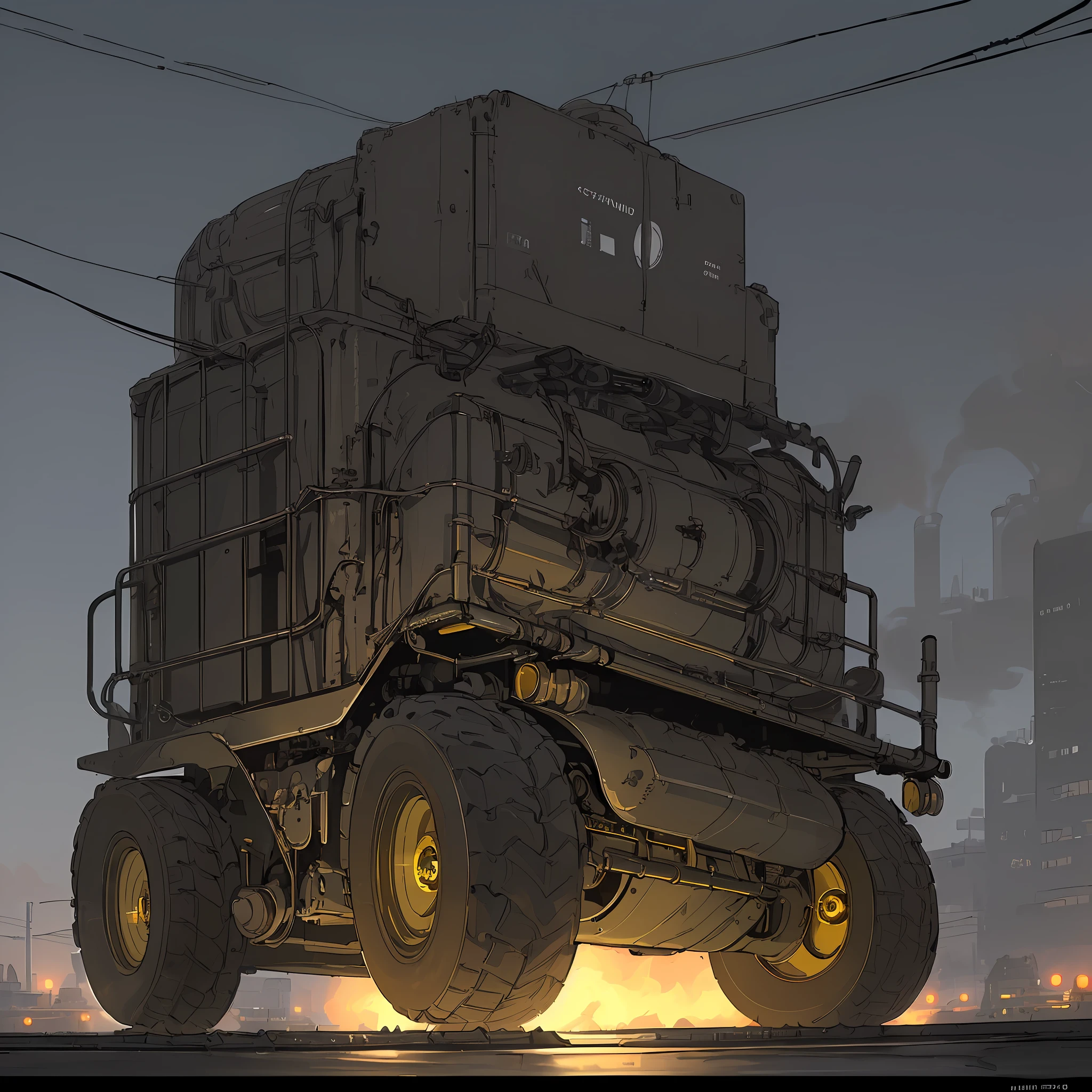 High resolution and very detailed illustration of a futuristic military SUV dark brown metal (wide wheels, long antenna, small windows, yellow headlights protected by a metal grille, plastic boxes tied in the back, drums integrated into the chassis, pipes, exhaust pipe spewing gray smoke), black road, background an industrial city, sensation of speed, night light, moon in the sky