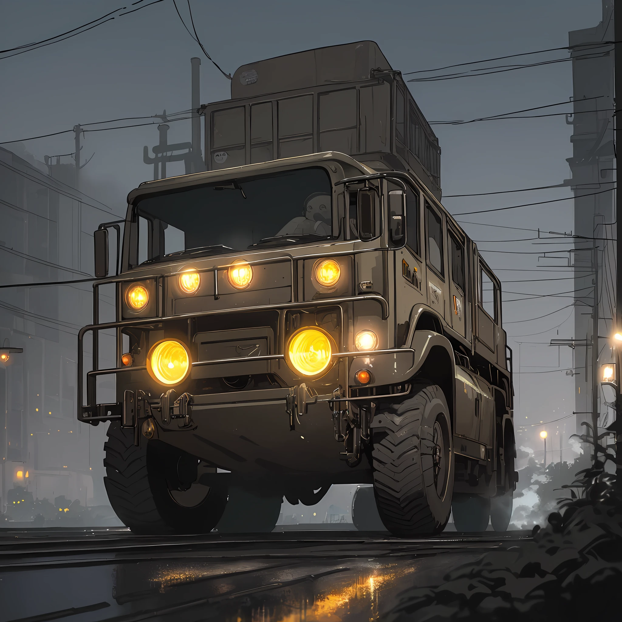 High resolution and very detailed illustration of a futuristic dark brown metallic military SUV (wide wheels, 6 pairs of wheels, long antenna, small windows, yellow luminous headlights protected by a metal grille, plastic boxes tied in the back, drums integrated into the sides of the chassis, many pipes, exhaust pipe spewing gray smoke),  Black road, background an industrial city, sensation of speed, night light, moon in the sky