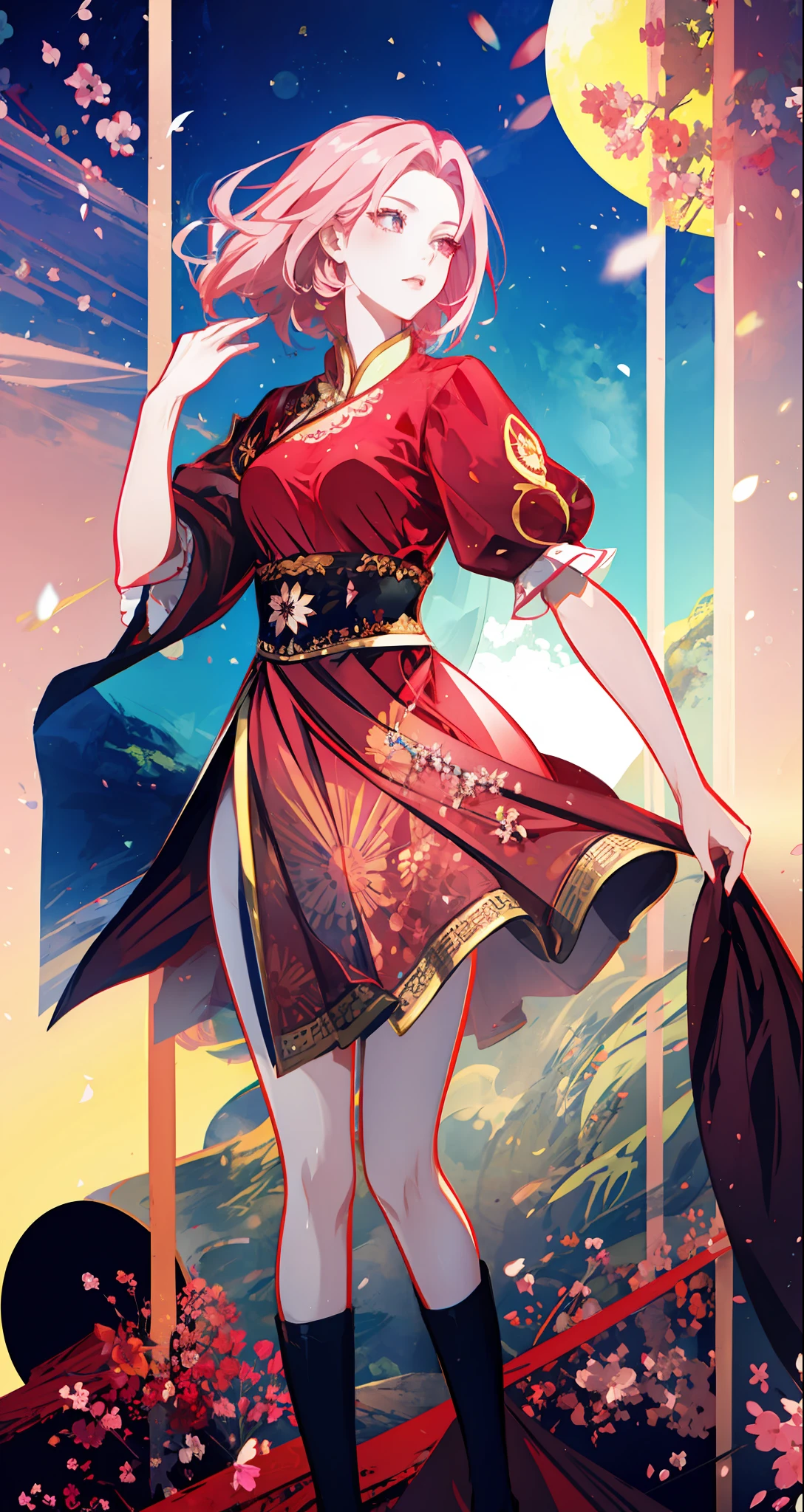 beautiful woman, seductive, ((forehead to show)), standing on a street, beautiful face, attractive, magnificent, sensual eyes, red dress, forehead to show, queen, pink hair, delicate, young, short hair, full body, from League of Legends, trend at Artstation, by Rhods, Andreas Rocha, Rossdraws, Makoto Shinkai, Laurie Greasley, Lois Van Baarle, Ilya Kuvshinov and Greg Rutkowski