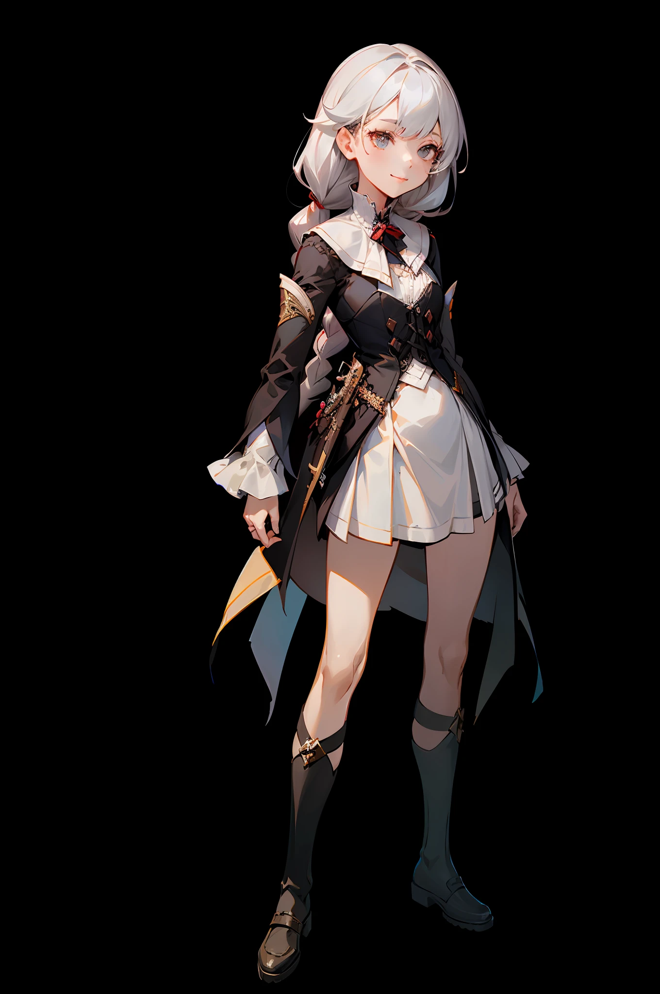 1 girl, character sheet, concept art, full body, young girl, (masterpiece:1.2), (best quality:1.3), 1girl, standing, slight_smile, flat_chest, black school_dress, long_sleeves, white hair, braided hair,