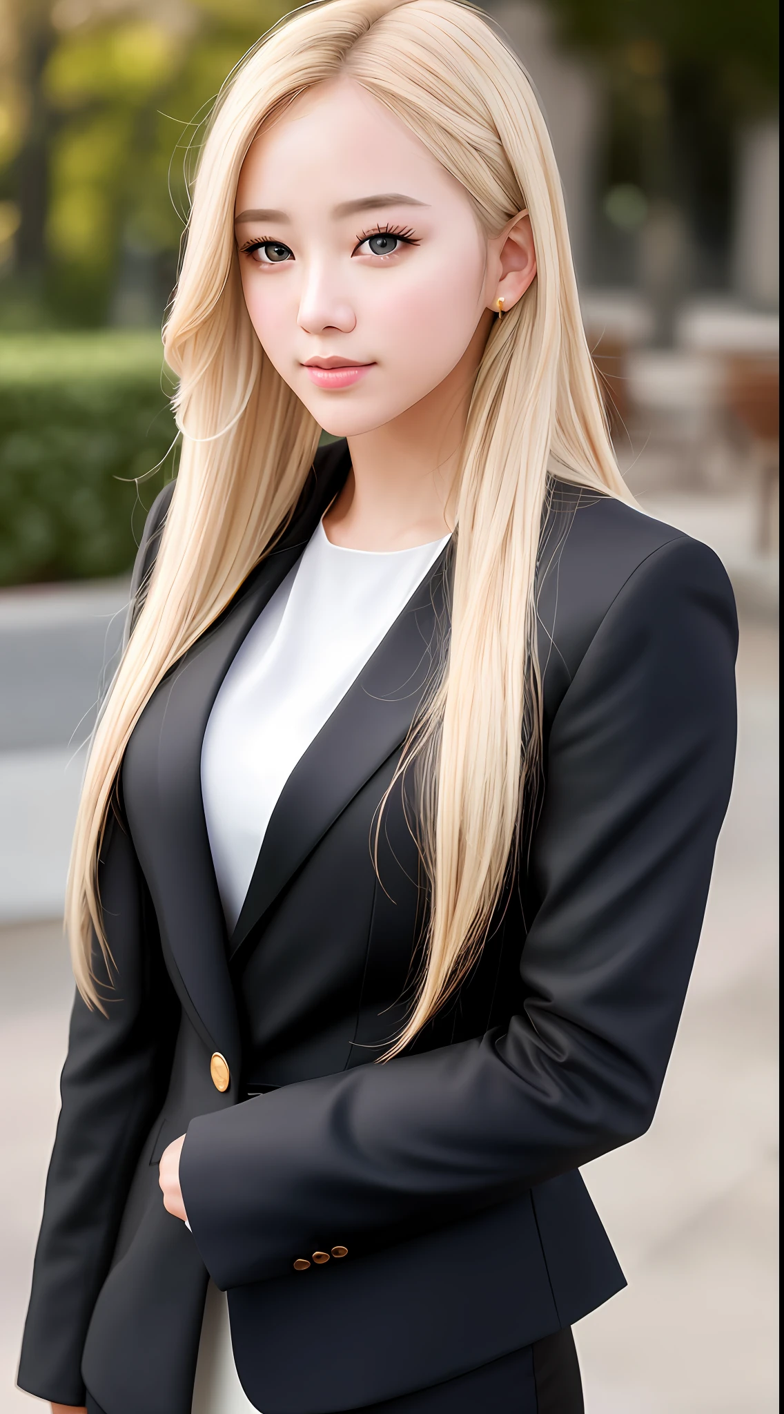 best quality, masterpiece, 1girl, Beautiful face, (blonde hair), (photo realistic:1.3), rim lighting, (high detailed skin:1.2), 8k uhd, dslr, high quality, high resolution, 4k, 8k, Bokeh,  absurdres, best ratio four finger and one thumb, (realistic:1.3), ulzzang, cute kawaii 1girl, wearing black formal blazer, medium breasts,