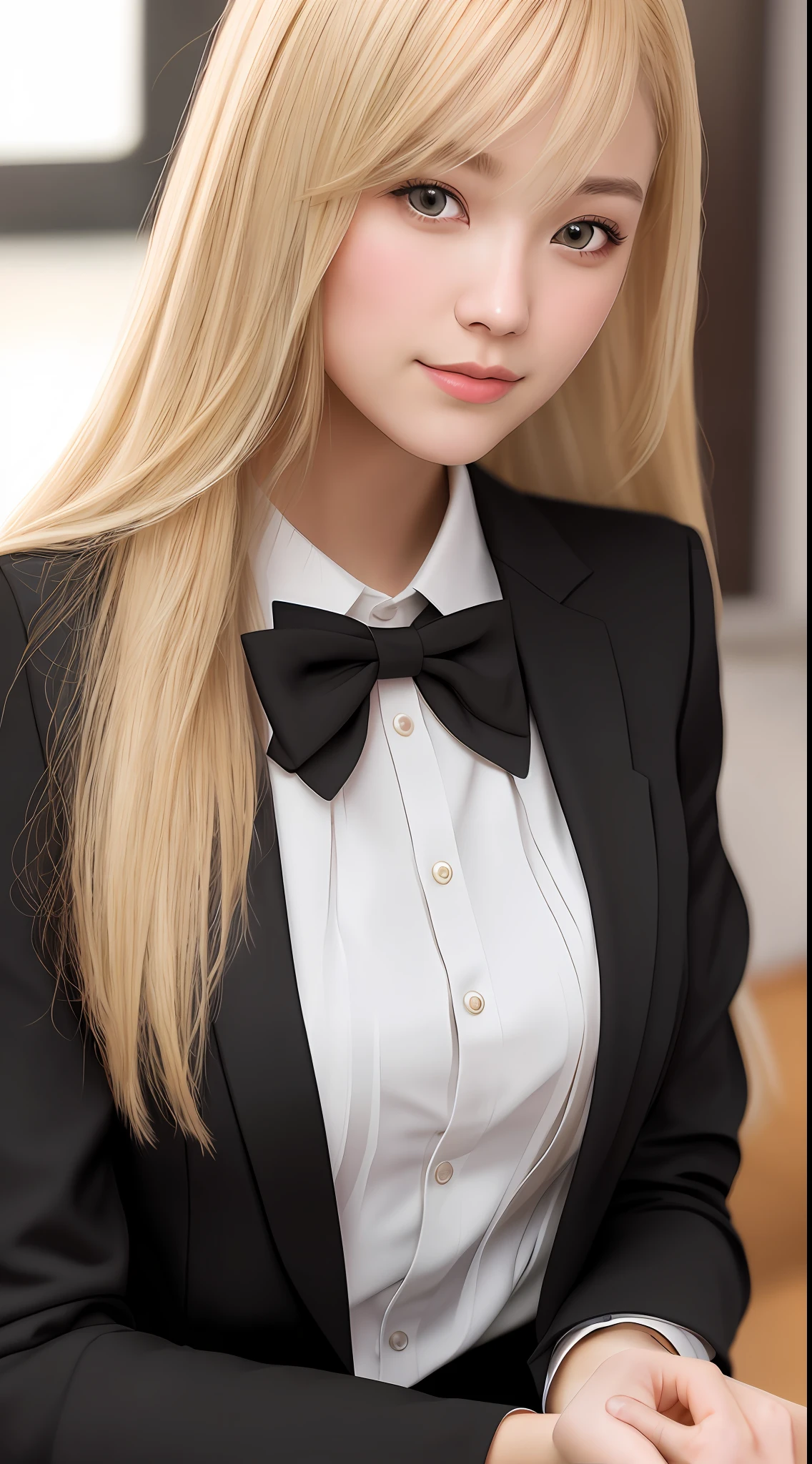 best quality, masterpiece, 1girl, Beautiful face, (blonde hair), (photo realistic:1.3), rim lighting, (high detailed skin:1.2), 8k uhd, dslr, high quality, high resolution, 4k, 8k, Bokeh, absurdres, best ratio four finger and one thumb, (realistic:1.3), ulzzang, cute kawaii 1girl, wearing black formal blazer, medium breasts,
