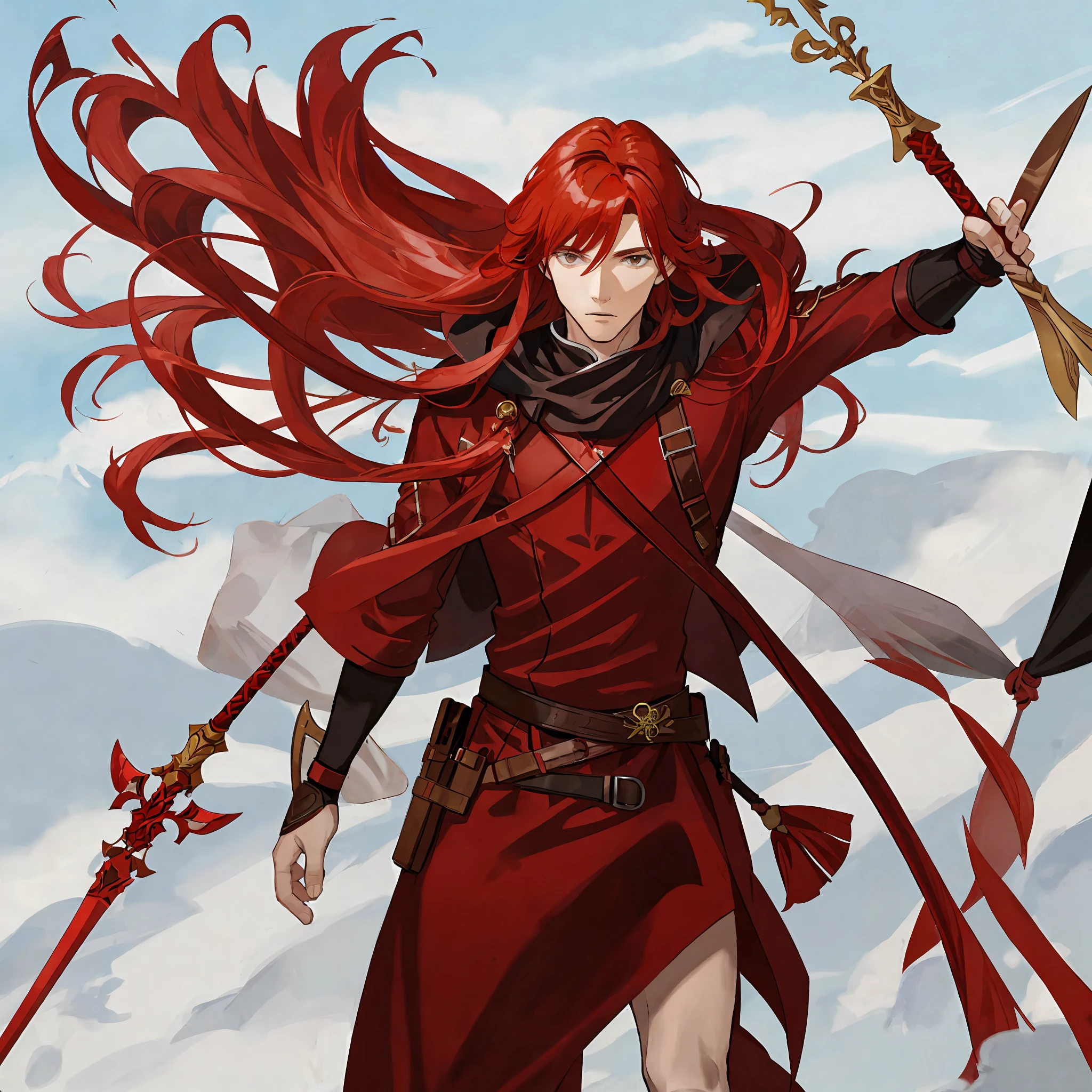 red hair, male, long hair, unique outfit, spear, solo, adult, fantasy