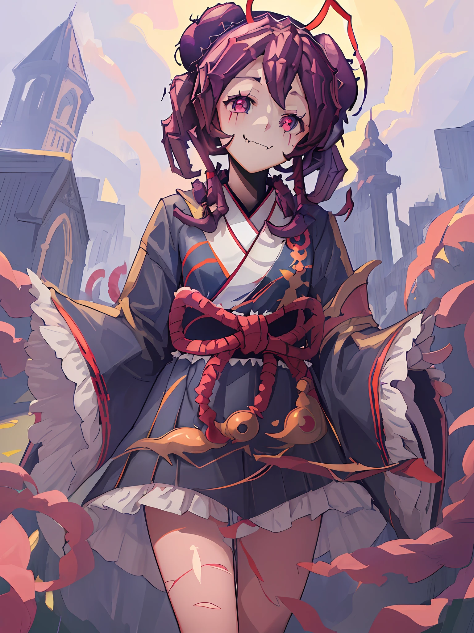 ((masterpiece, illustration, strong outlines, best quality, ultra-detailed)), perfect anatomy, anime character, anime screenshot, 1girl, entoma, overlord entoma, portrait, face focus, close, overlord anime, small breasts, facemask, purple hair, hair buns, insectoid, beautiful, digital art, black kimono, smile, fangs, long sleeves, sleeves past fingers, digital art, trending on ArtStation, featured on Pixiv, character accurate, cute