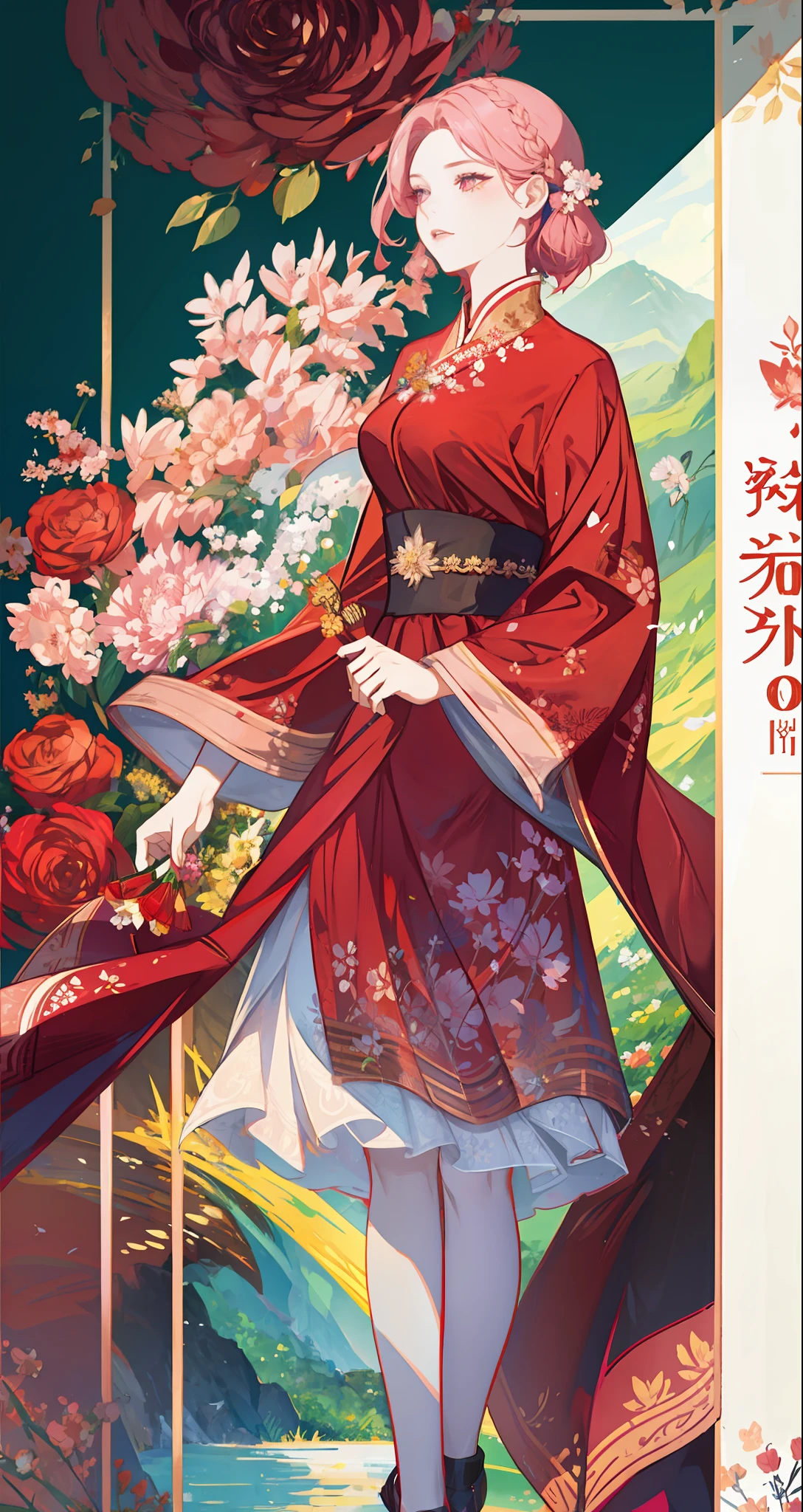 beautiful woman, seductive, ((forehead the show)), looking at a garden, beautiful face, attractive, magnificent, sensual eyes, red dress, forehead to show, queen, pink hair, delicate, young, short hair, full body, from League of Legends, trend at Artstation, by Rhods, Andreas Rocha, Rossdraws, Makoto Shinkai, Laurie Greasley, Lois Van Baarle, Ilya Kuvshinov and Greg Rutkowski