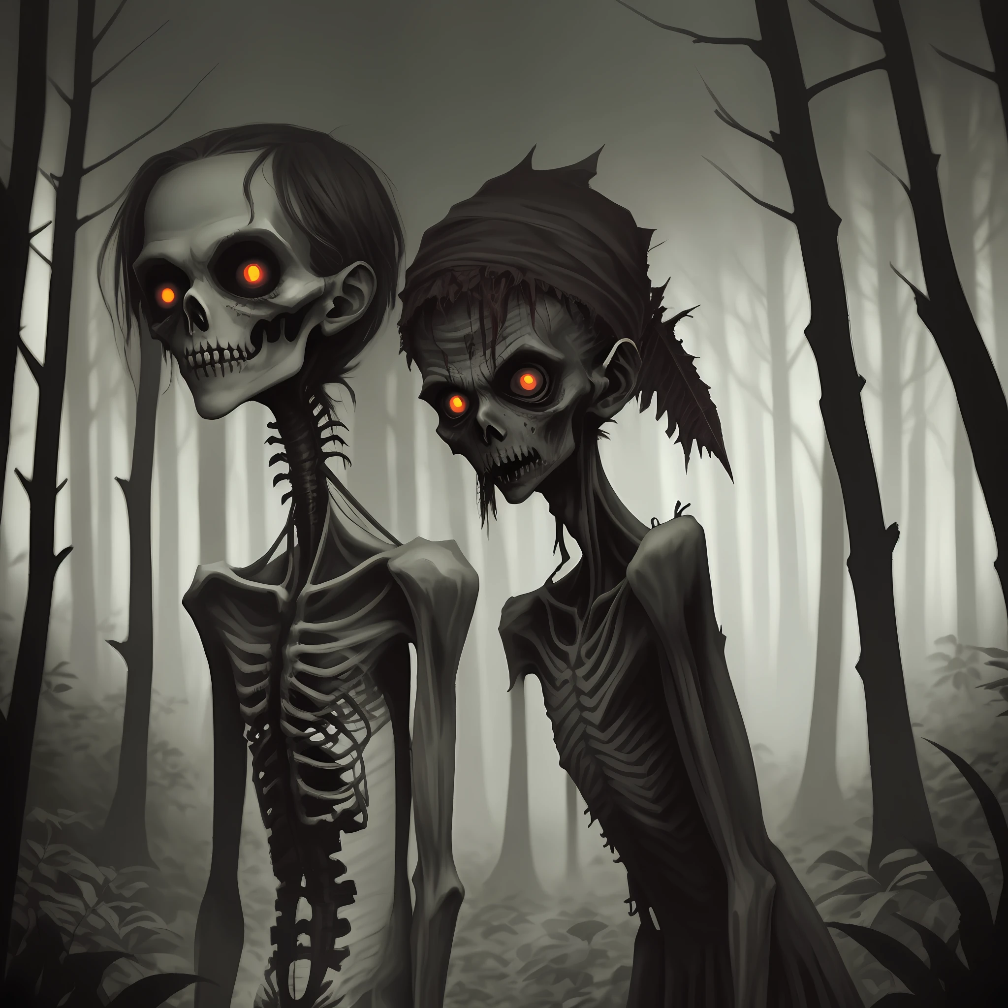 Skinny zombie in the middle of the dark forest
