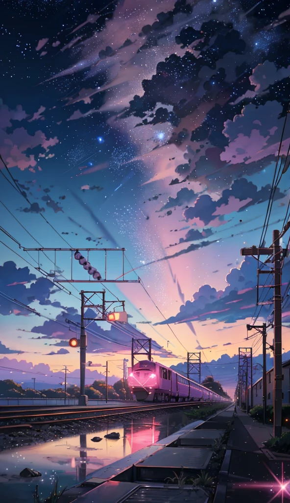 Anime scene with train passing under pink and purple sky, anime drawing by Makoto Shinkai, trending on pixiv, magic realism, beautiful anime scene, cosmic sky. by makoto shinkai, ( ( makoto shinkai ) ), by makoto shinkai, anime background art, makoto shinkai style. Detail enhancement, perfect detail processing.