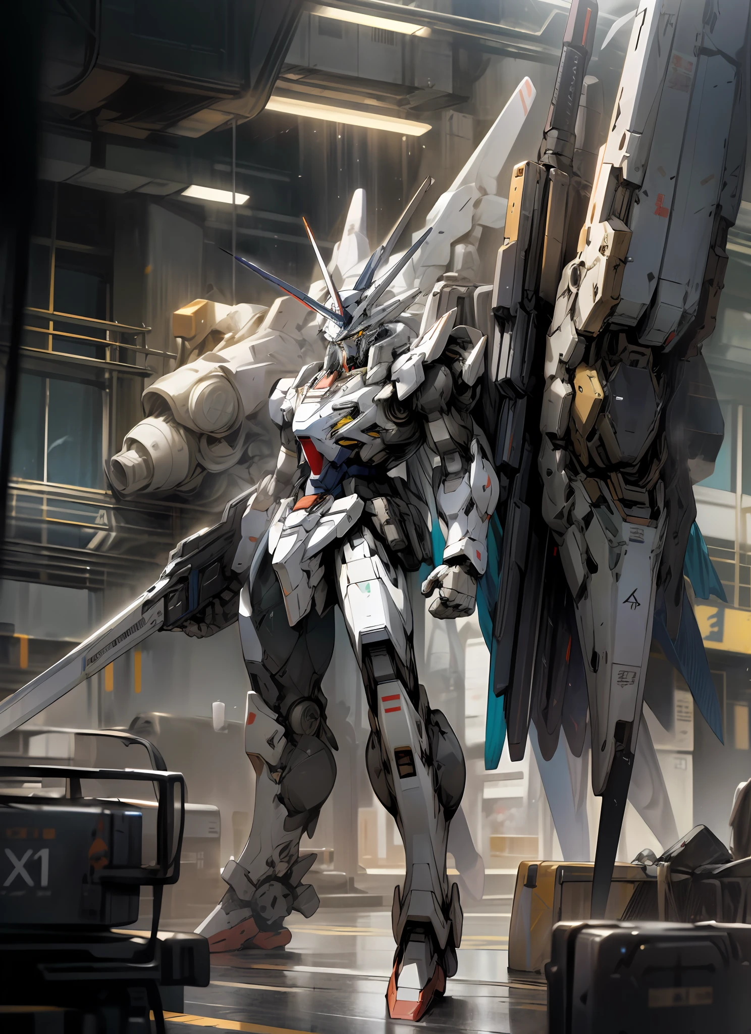 Surrealism, ray tracing, UHD, high details, 8k, best quality, textured skin, Gundam Mech, Diablo, Masterpiece, Best Quality, Mecha, Unmanned, (Full Body), (White Mech: 1.5), (Axisymmetry: 1.4), (HDR), (Cinematic Light: 1.1), White Eyes, Cool, Science Fiction, Fire, Laser Cannon Beam, War, Conflict, Destroyed city background armed with weapons, (holding huge weapons: 1.5), holding oversized shields, mech men,