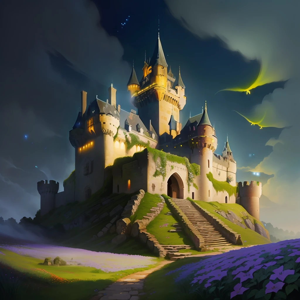 medieval castle ruins wrapped in flowers and foliage, fireflies flying around the castle, anthill, fantasy, artistic