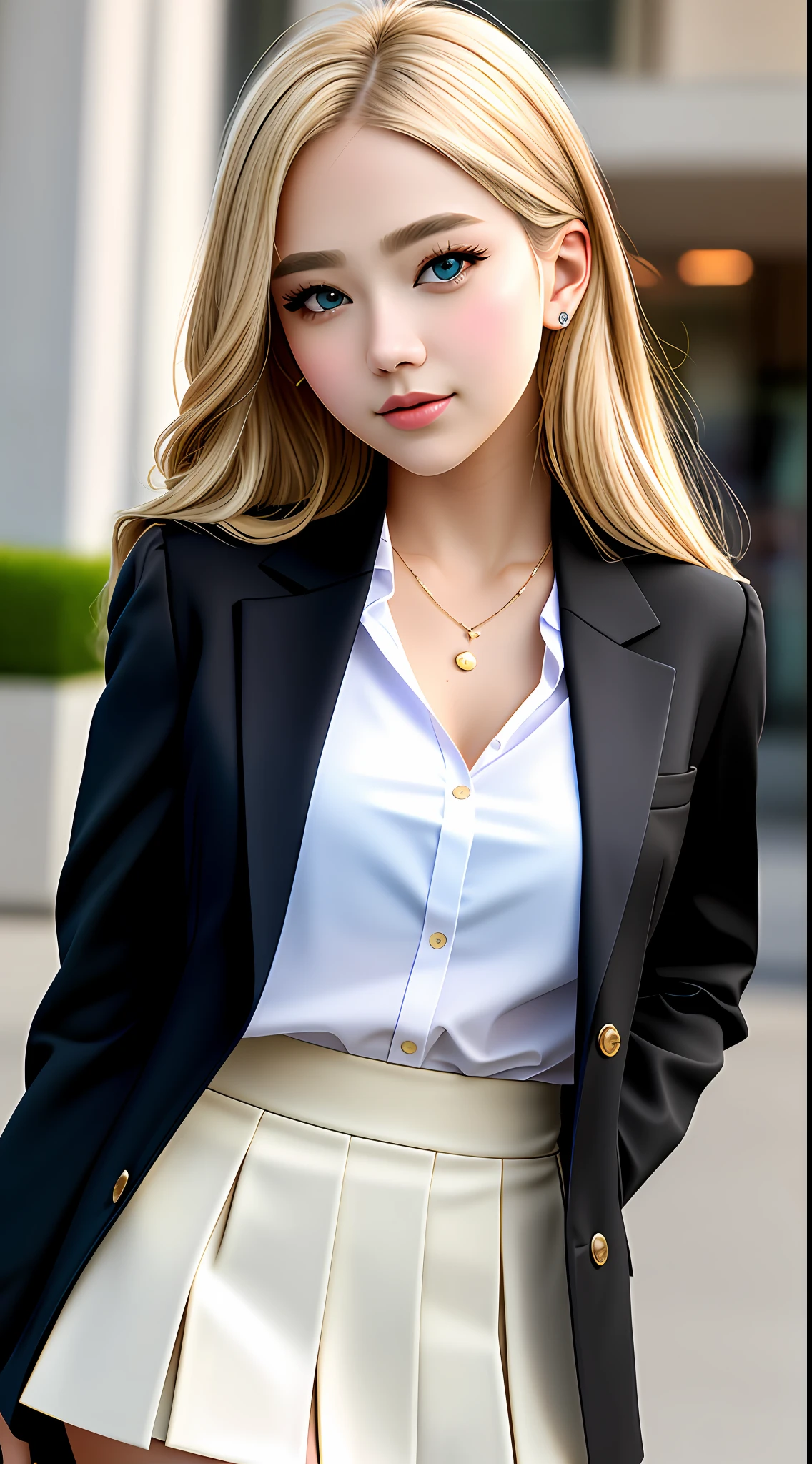 best quality, masterpiece, 1girl, Beautiful face, (blonde hair), (photo realistic:1.3), rim lighting, (high detailed skin:1.2), 8k uhd, dslr, high quality, high resolution, 4k, 8k, Bokeh,  absurdres, best ratio four finger and one thumb, (realistic:1.3), ulzzang, cute kawaii 1girl, wearing black formal blazer, medium breasts, short skirt,