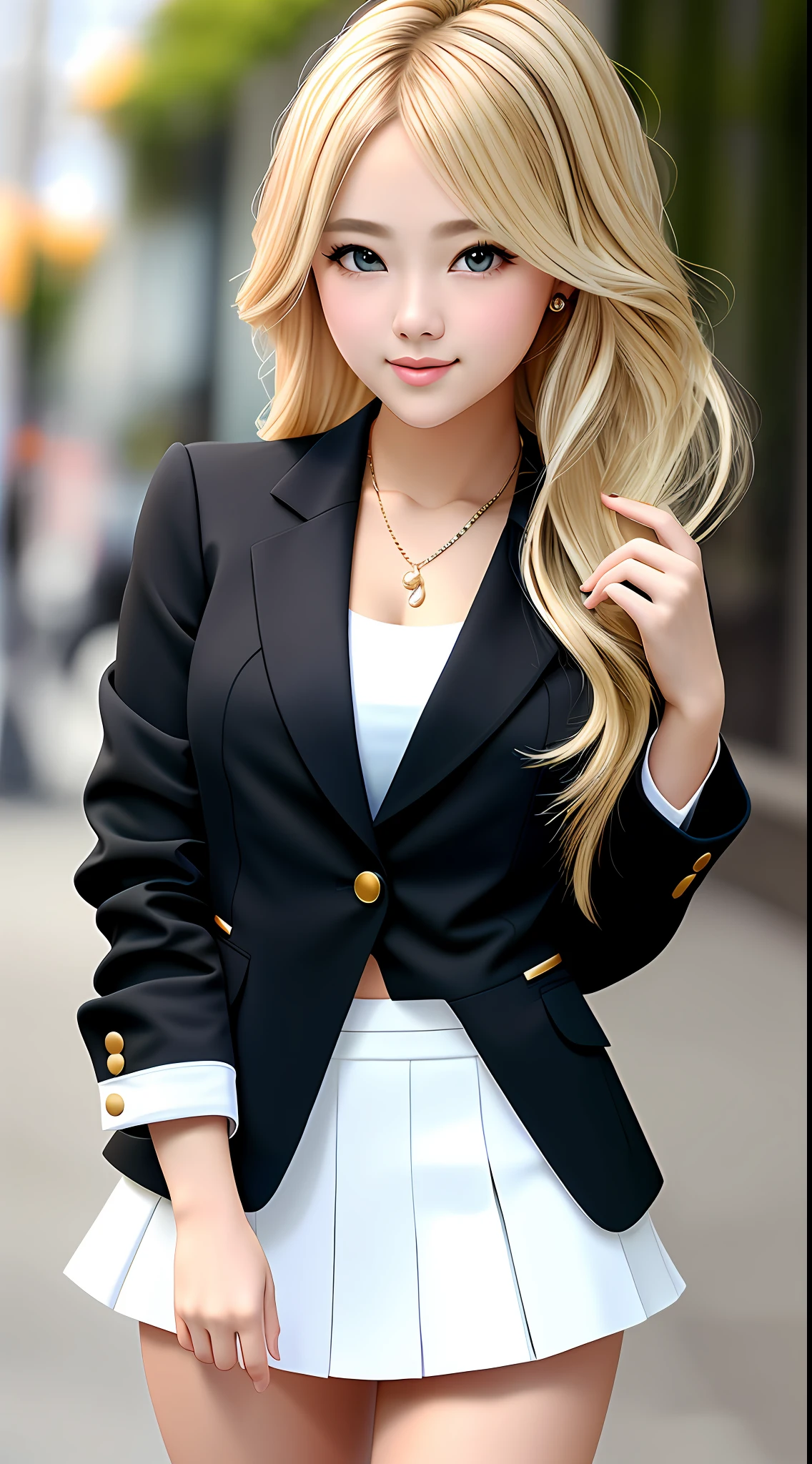 best quality, masterpiece, 1girl, Beautiful face, (blonde hair), (photo realistic:1.3), rim lighting, (high detailed skin:1.2), 8k uhd, dslr, high quality, high resolution, 4k, 8k, Bokeh,  absurdres, best ratio four finger and one thumb, (realistic:1.3), ulzzang, cute kawaii 1girl, wearing black formal blazer, medium breasts, short skirt,