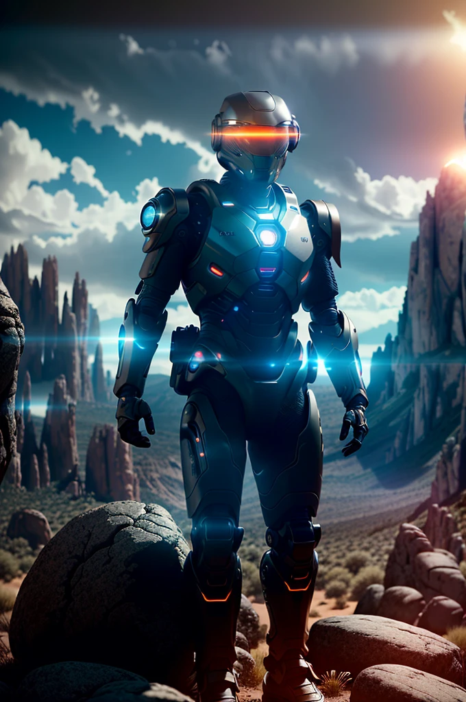 Photorealistic and highly detailed 35mm 8k masterpiece with high detail, naturalistic textures of an alien soldier in futuristic robotic black matte armor walking across a rocky desert in the light of an alien red sun aiming at the camera with a Nikon D850 high detail, sharp focus, elegant, ultra detailed, award photography, fantasy, vivid studio settings, studio lighting, 8k, cinematic lighting, portrait, photorealistic, 4k, very attractive, beautiful, dynamic lighting, high detail, award, fantastic look, hyper realistic, ultra detailed, high definition, sharp quality, colorful hdr, very cute, cinematic post-processing, focused, ultra-realistic