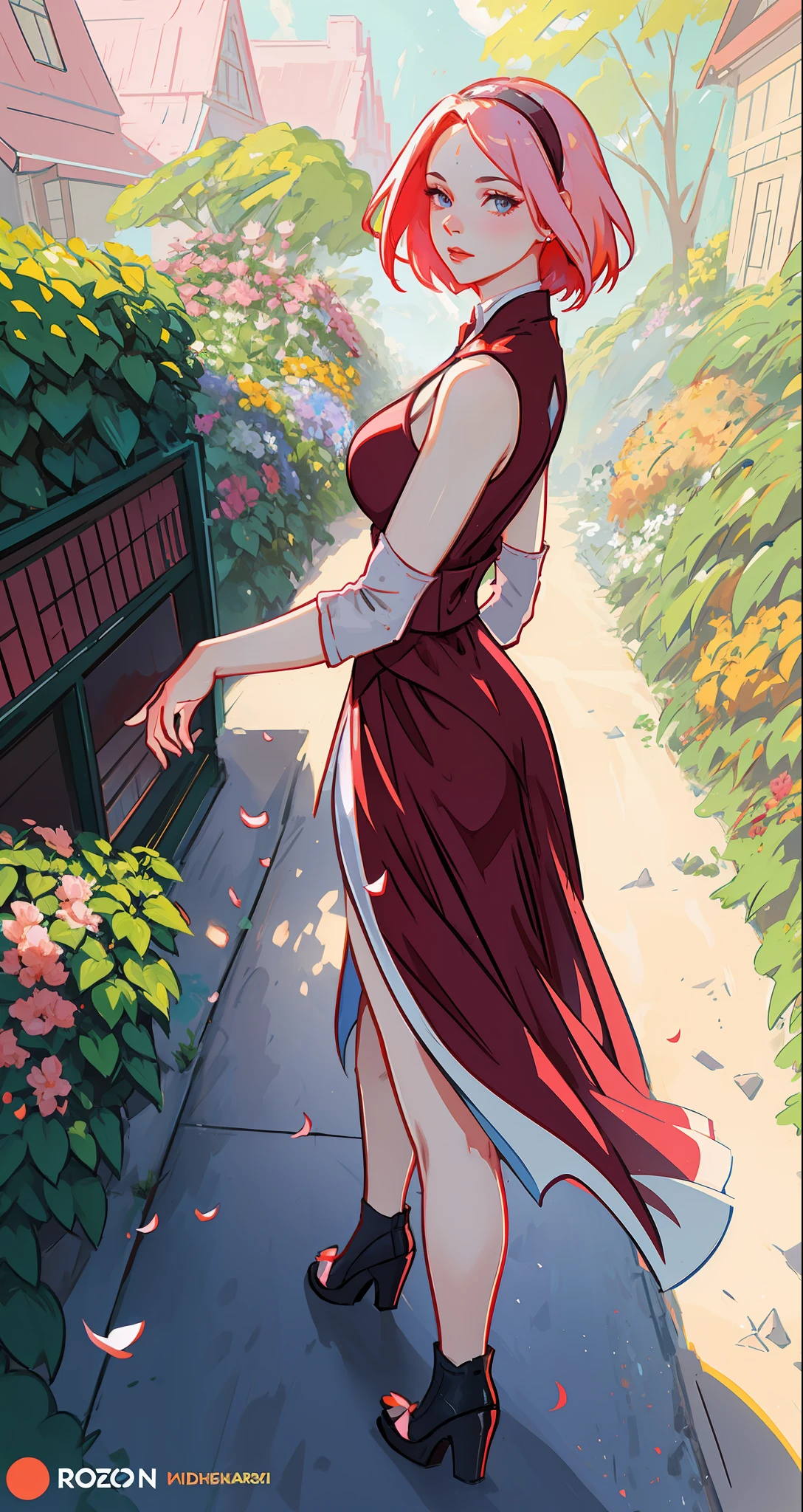 beautiful woman, seductive, ((forehead the show)), looking at a garden, beautiful face, attractive, magnificent, sensual eyes, red dress, forehead to show, queen, pink hair, delicate, young, short hair, full body, from League of Legends, trend at Artstation, by Rhods, Andreas Rocha, Rossdraws, Makoto Shinkai, Laurie Greasley, Lois Van Baarle, Ilya Kuvshinov and Greg Rutkowski