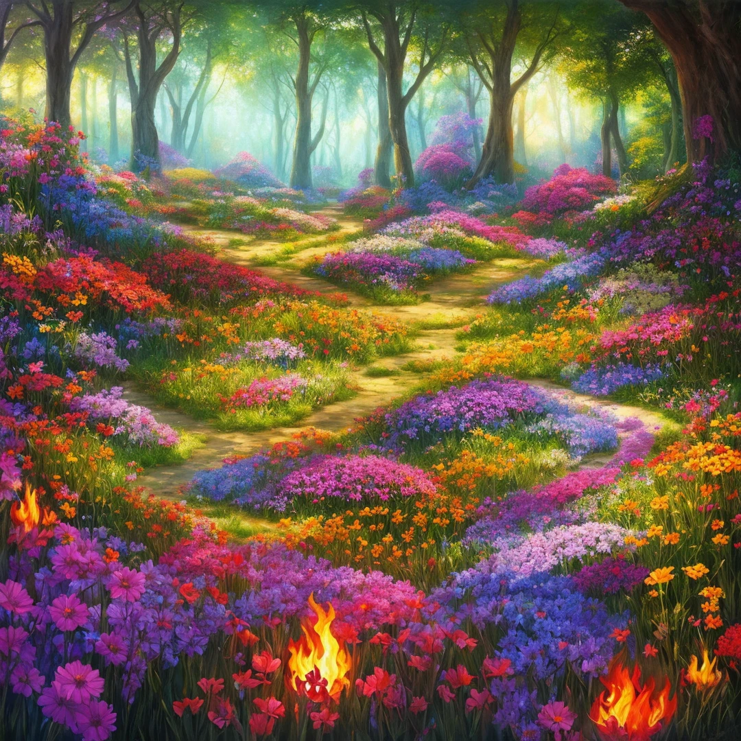 Glade, colorful flowers, shine and burn, fantasy, art, realism