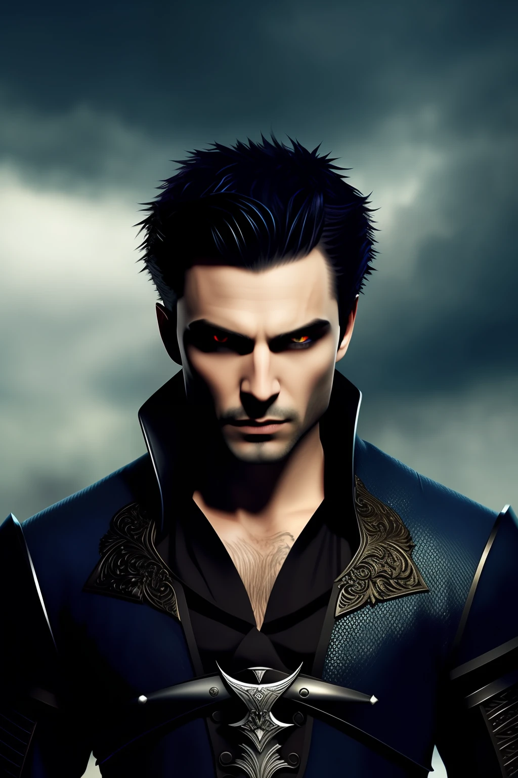 Man, vampire, black short hair, blue eyes, sassy, noble, badass, sword