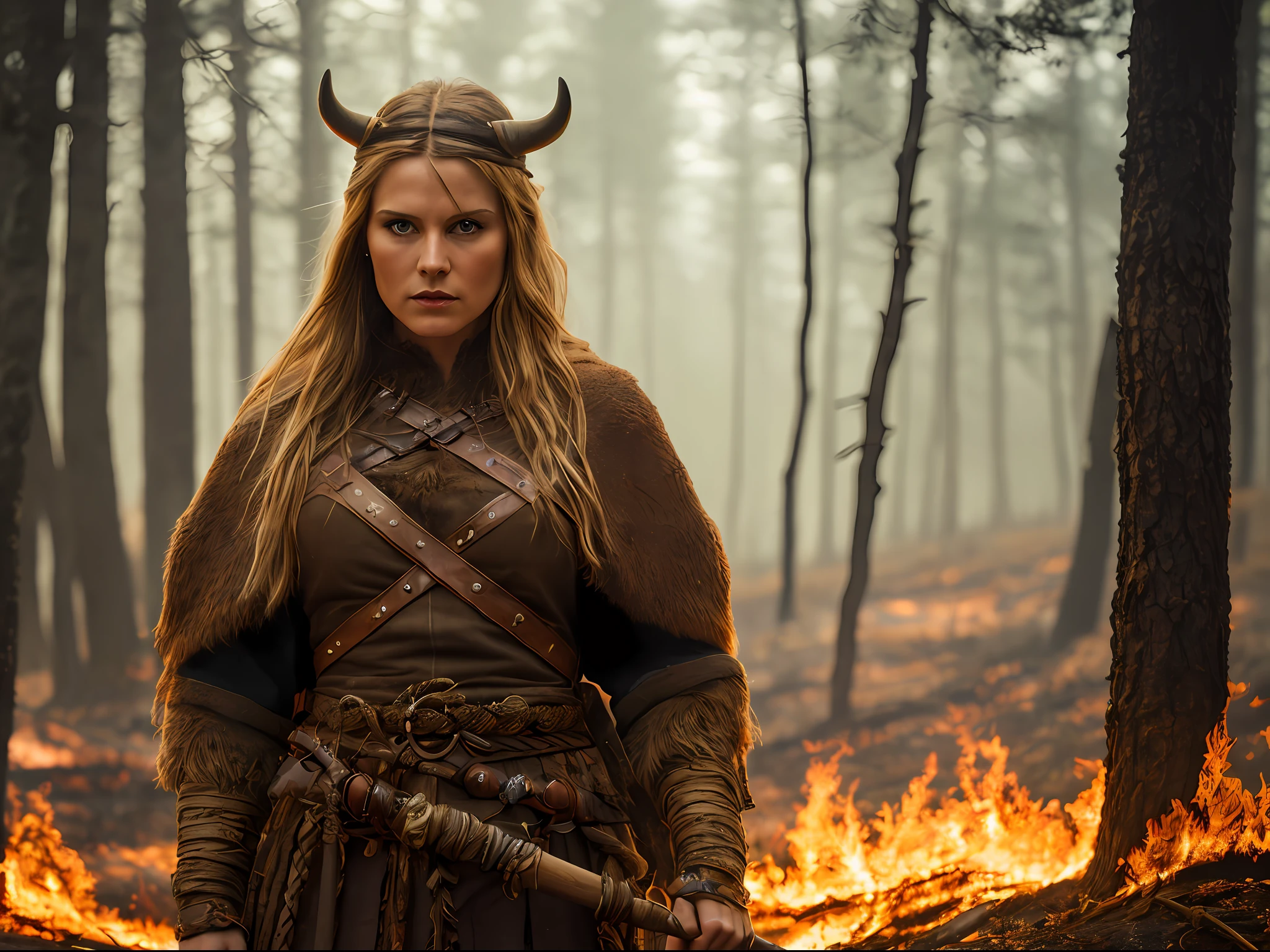 closeup award winning photo of Viking woman posing in a burning dark forest, look at a camera, (cinematic:1.5), epic realistic, hyperdetailed, insane details, intricate details, accent lighting, soft volumetric light, bokeh, (dramatic light:1.2), (neutral colors:1.3)