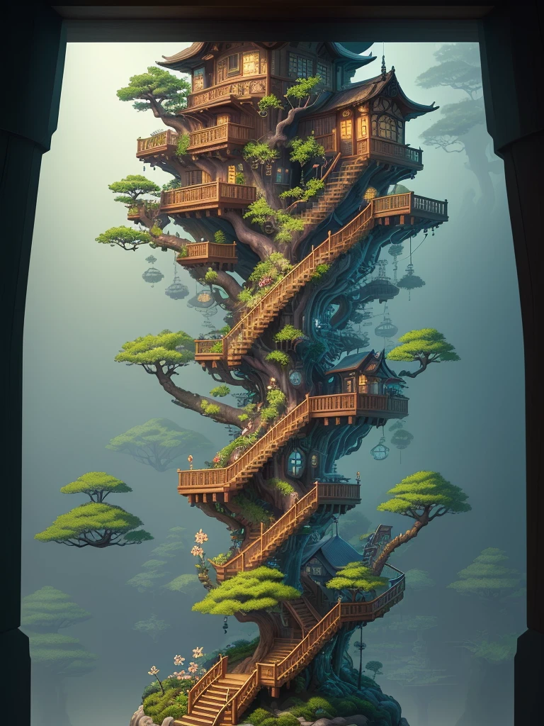 there is a tree house with a staircase and a tree in the middle, bonsai tree house, tree house, highly detailed illustration, tree town, treehouse, intricate detailed illustration, surreal + highly detailed, cyberpunk tree house, highly detailed digital artwork, best of behance, very detailed illustration, high detailed illustration, floral jungle treehouse, detailed intricate illustration, intricate 3 d illustration