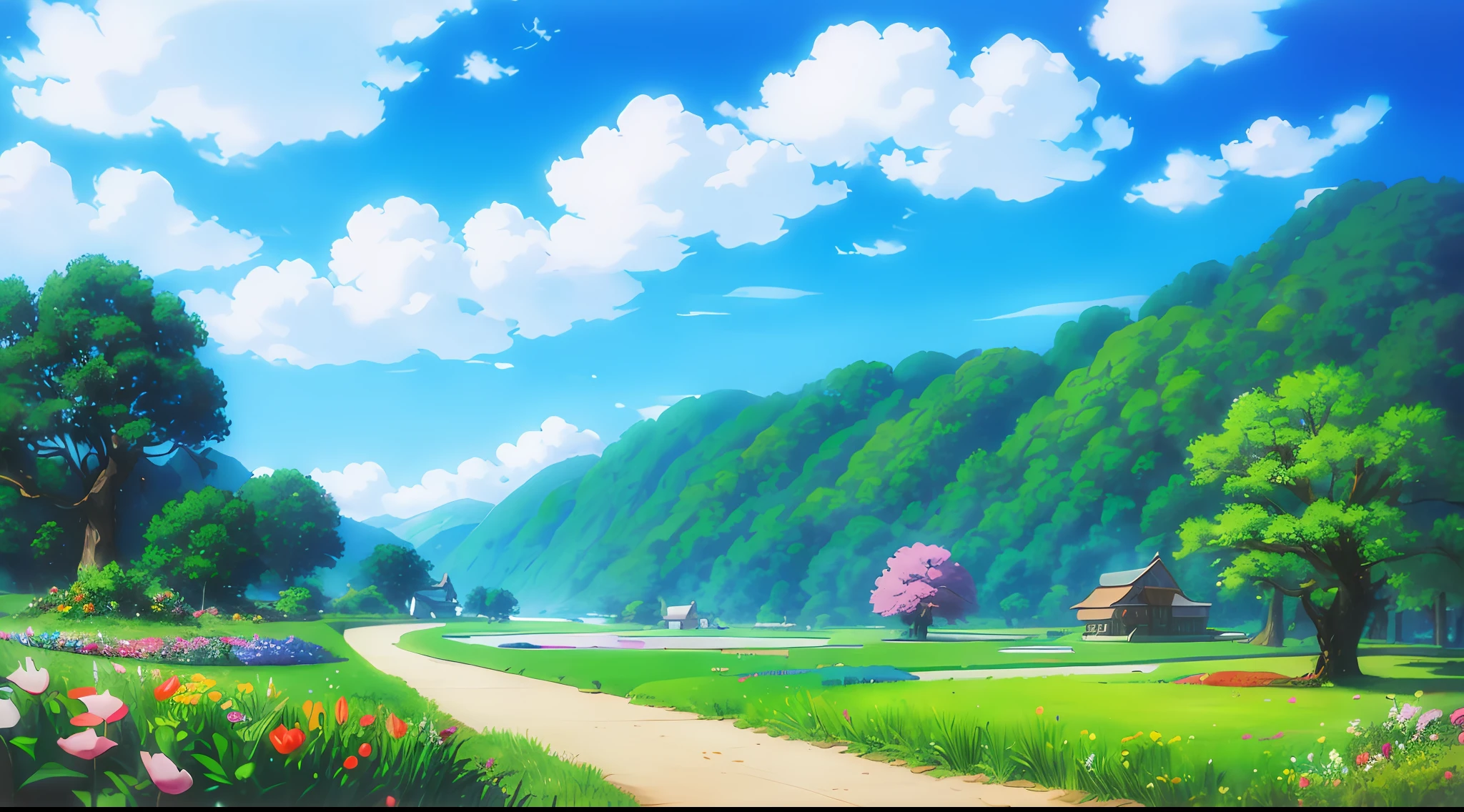 Realistic, authentic, beautiful and amazing landscape oil painting Studio Ghibli Hayao Miyazaki&#39;s petal grassland with blue sky and white clouds --v6