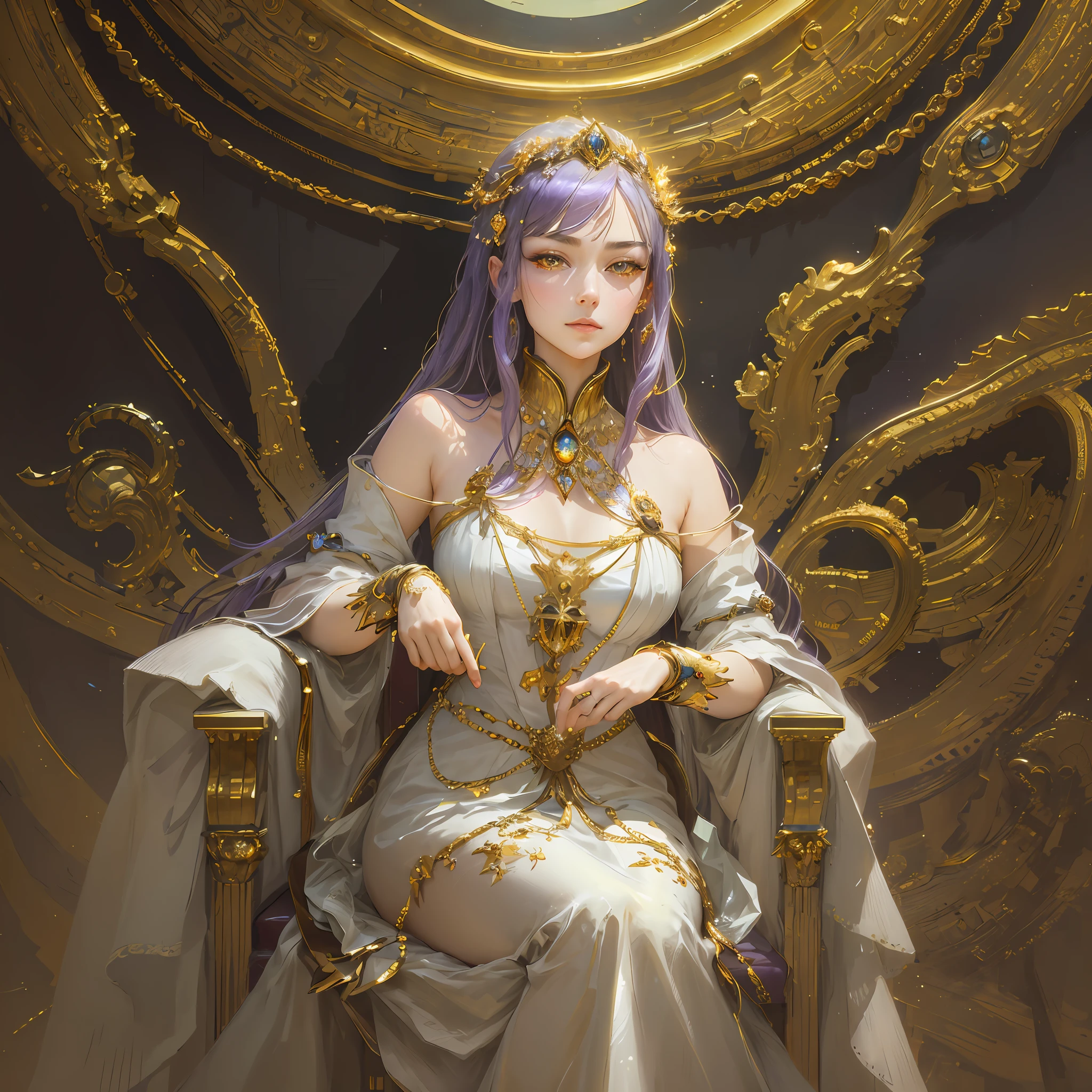 there is a woman sitting in a chair with a clock in the background, ((a beautiful fantasy empress)), a beautiful fantasy empress, sitting in a gilded throne, guweiz masterpiece, guweiz on pixiv artstation, guweiz on artstation pixiv, anime goddess, portrait of queen of light, (photorealistic:1.4), (masterpiece, sidelighting, finely detailed beautiful eyes: 1.2), masterpiece*portrait, realistic, 3d face, glowing eyes, shiny hair, lustrous skin, solo, white outfit, very very dark bluish-purple hair, golden yellow eyes, majestic, angelic, mystic, elegant, mythic