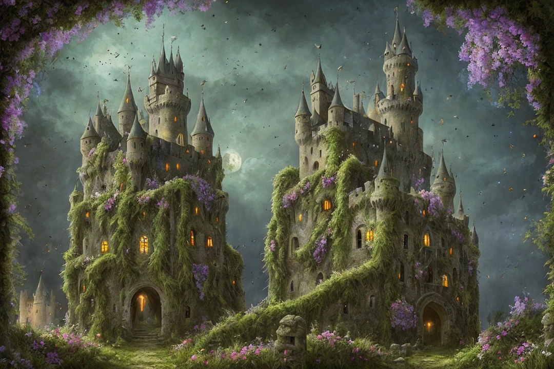 a haunted ruined medieval castle, wrapped in flowers and foliage, fireflies flying around the castle, fantasy, artistic