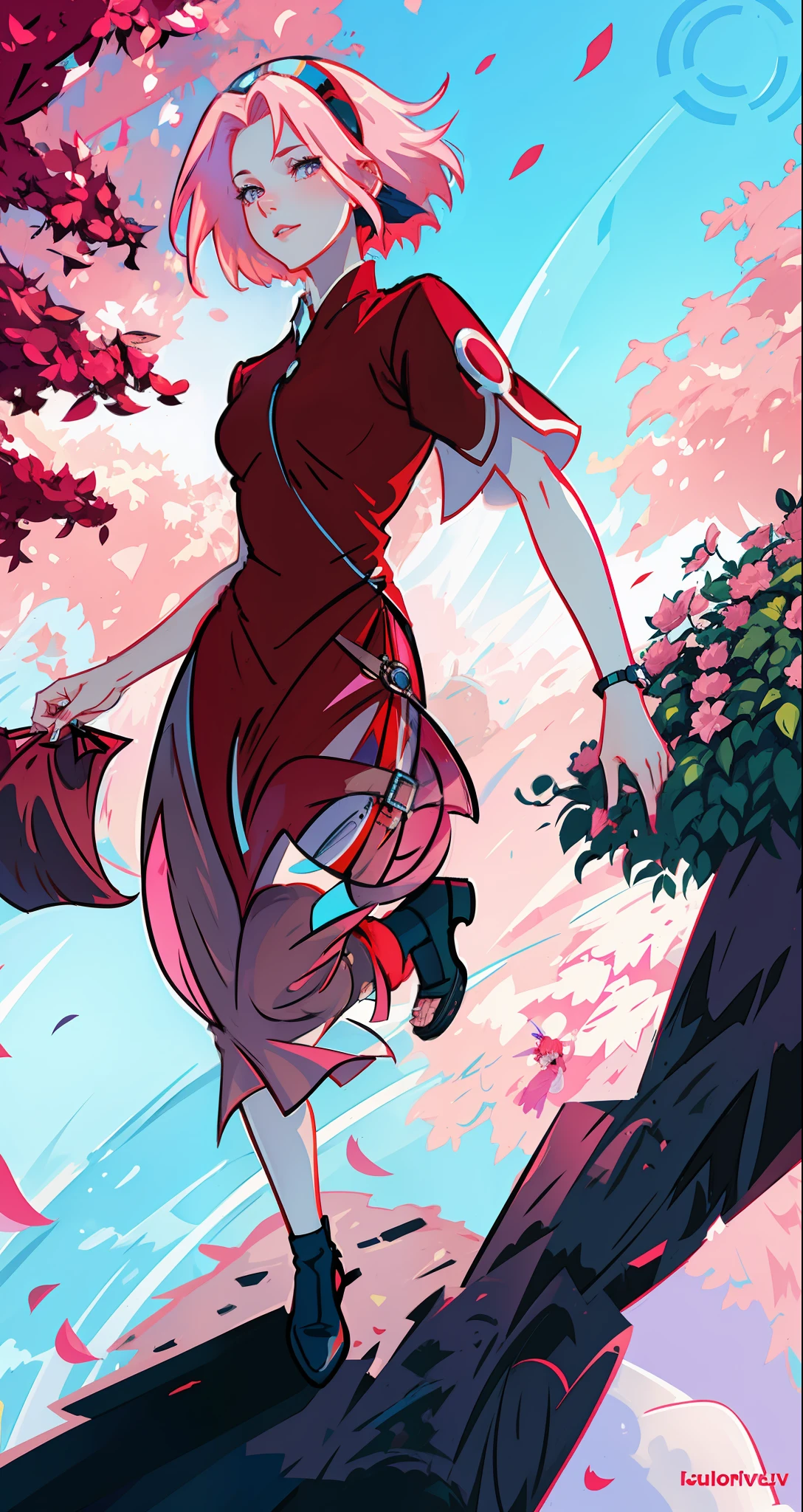 beautiful woman, seductive, ((forehead the show)), looking at a garden, beautiful face, attractive, magnificent, sensual eyes, red dress, forehead to show, queen, pink hair, delicate, young, short hair, full body, from League of Legends, trend at Artstation, by Rhods, Andreas Rocha, Rossdraws, Makoto Shinkai, Laurie Greasley, Lois Van Baarle, Ilya Kuvshinov and Greg Rutkowski
