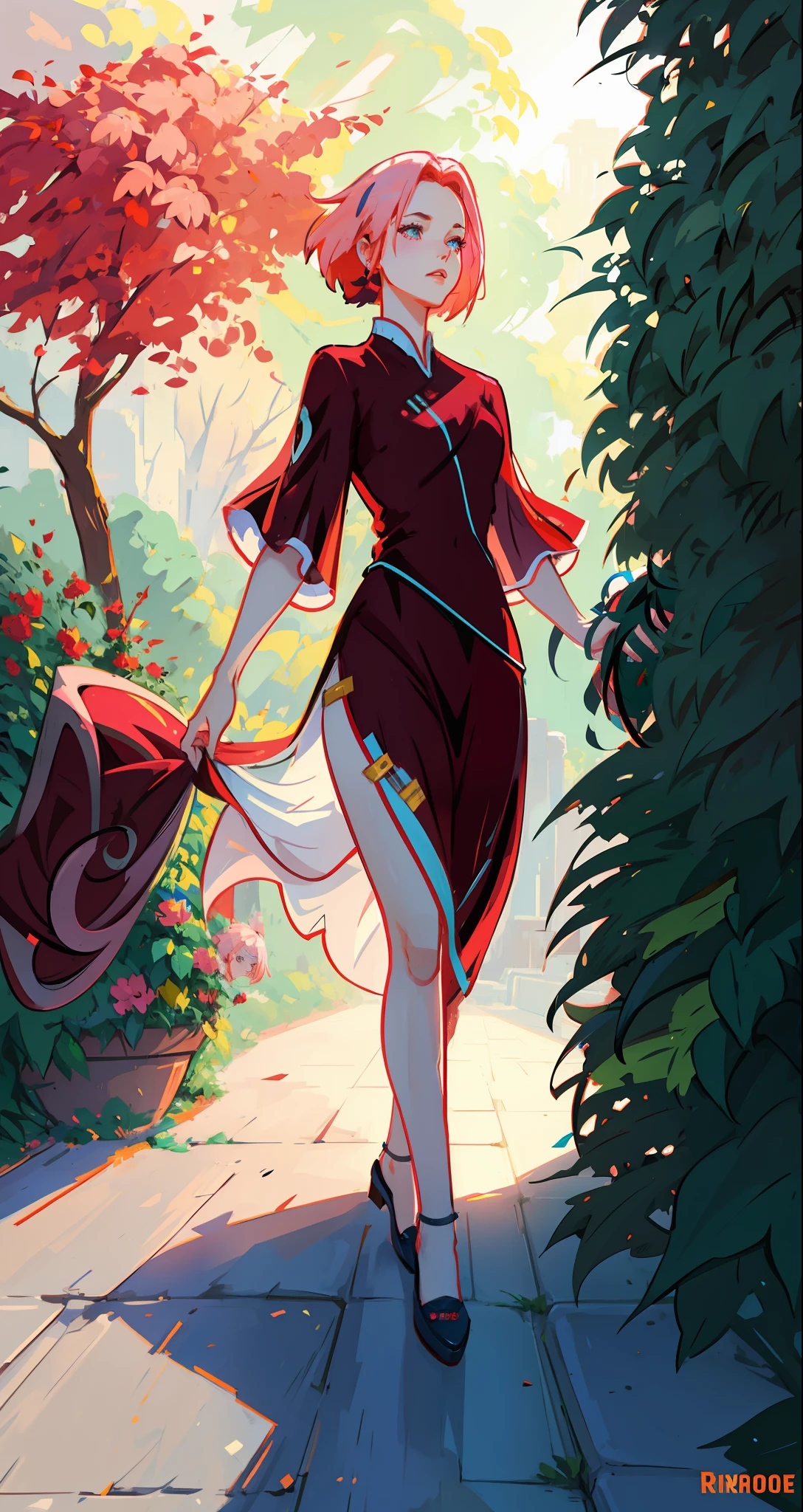 beautiful woman, seductive, ((forehead the show)), looking at a garden, beautiful face, attractive, magnificent, sensual eyes, red dress, forehead to show, queen, pink hair, delicate, young, short hair, full body, from League of Legends, trend at Artstation, by Rhods, Andreas Rocha, Rossdraws, Makoto Shinkai, Laurie Greasley, Lois Van Baarle, Ilya Kuvshinov and Greg Rutkowski