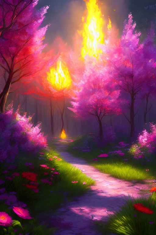Glade, colorful flowers, shine and burn, fantasy, art, realism, mysticism, dark