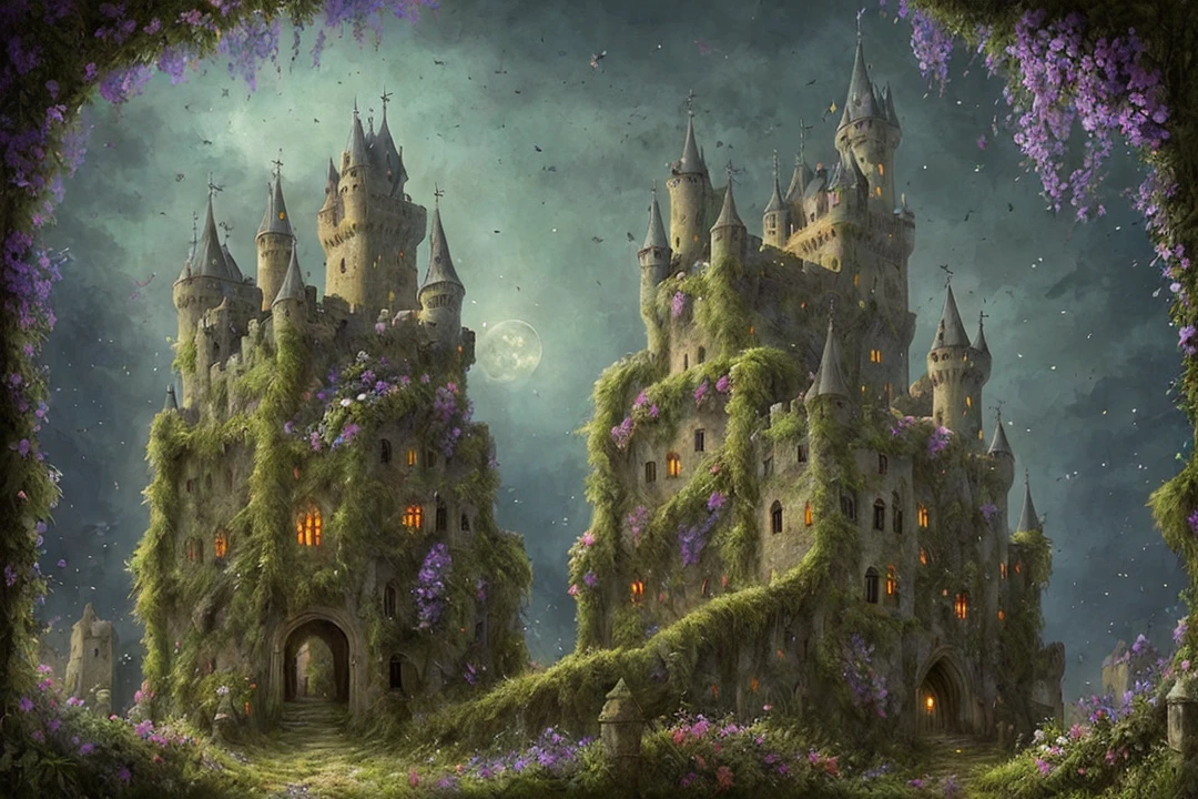 a haunted ruined medieval castle, wrapped in flowers and foliage, fireflies flying around the castle, fantasy, artistic