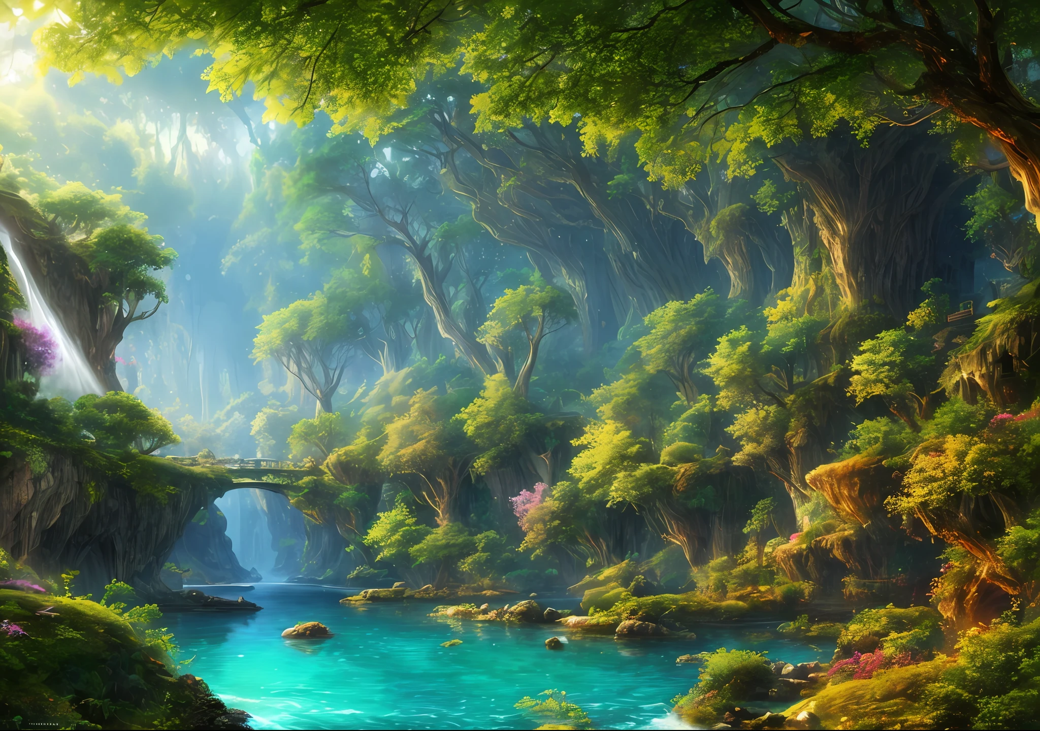 Best quality, high quality, extremely detailed CG unified 8k wallpaper, enchanting dream scenes of dream forest, towering trees, caves and hidden fairy canyons, creating mysterious and enchanting feelings, artstation, intricate, trending