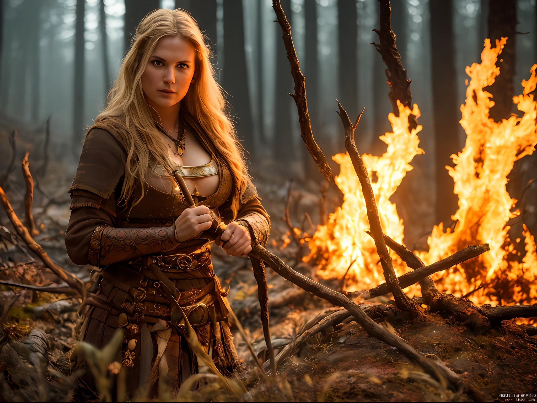 Award-winning photo Close-up of a Viking woman posing in a burning dark forest, look at a camera, (cinematic: 1.5), realistic epic, hyper-detailed, crazy details, intricate details, accent lighting, soft volumetric light, bokeh, (dramatic light: 1.2), (neutral colors: 1.3) Raymond Swanland style