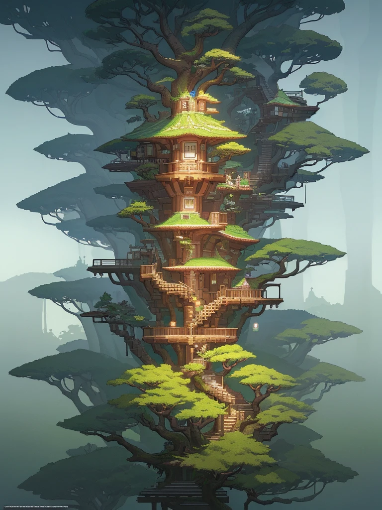 there is a tree house with a staircase and a tree in the middle, bonsai tree house, tree house, highly detailed illustration, tree town, treehouse, intricate detailed illustration, surreal + highly detailed, cyberpunk tree house, highly detailed digital artwork, best of behance, very detailed illustration, high detailed illustration, floral jungle treehouse, detailed intricate illustration, intricate 3 d illustration