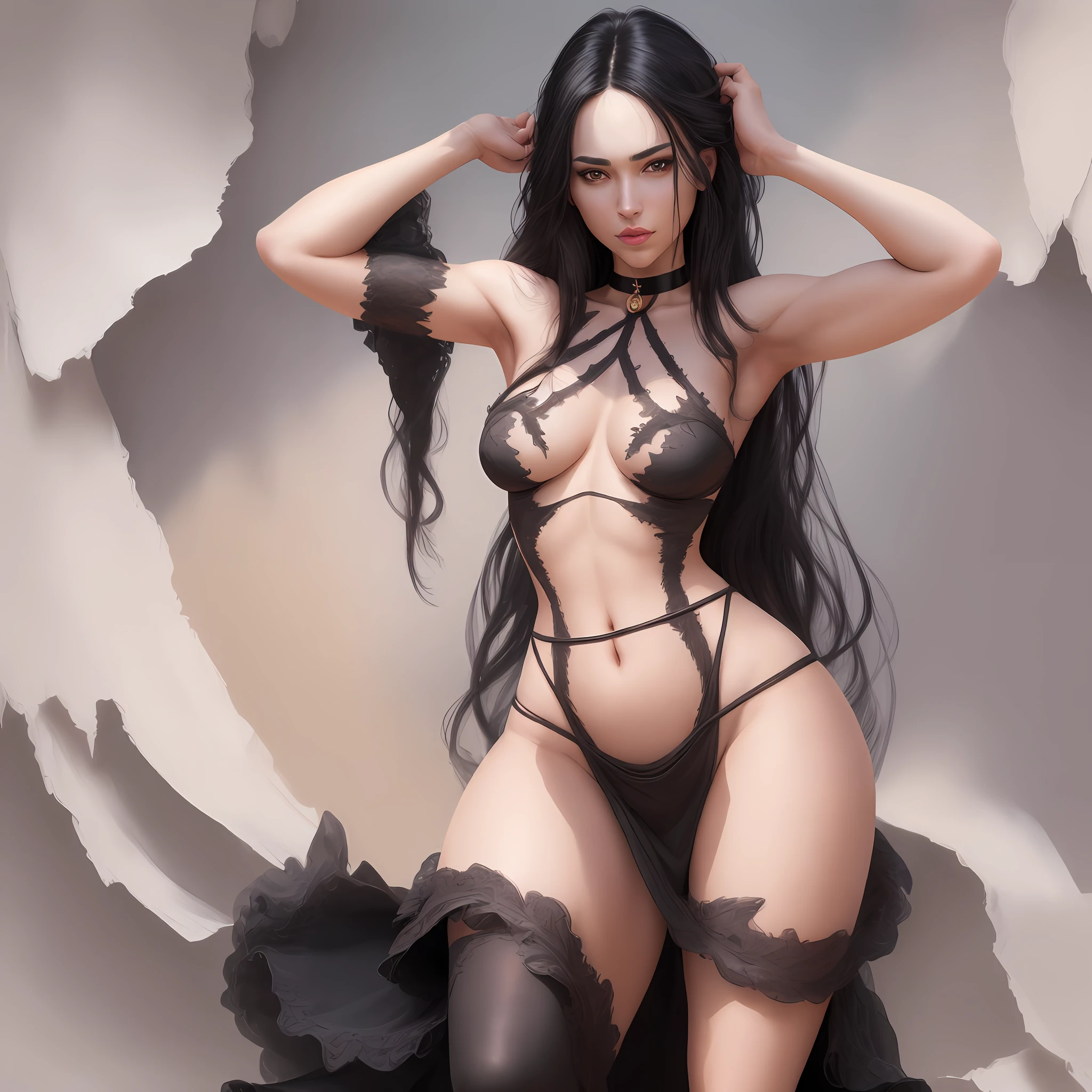 "Complete artwork masterpiece, high quality, ultra detailed in 4k, 8k, high resolution, hyper-realistic photo, hyper-detailed, realistic skin texture, amazing shadows, highly detailed background, extremely detailed texture, perfect lighting, high-level image quality." A woman posing for photos, fair skin, arms up, full body, various sensual poses, black dress, shoulders showing, navel showing, long black hair, brown eyes, defined face, mouth ajar, small breasts, choker, background with grass, use reference picture as role model