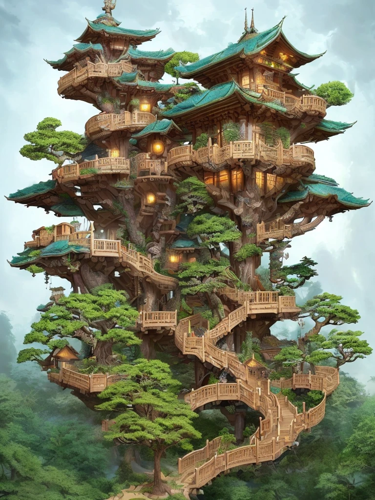 there is a tree house with a staircase and a tree in the middle, bonsai tree house, tree house, highly detailed illustration, tree town, treehouse, intricate detailed illustration, surreal + highly detailed, cyberpunk tree house, highly detailed digital artwork, best of behance, very detailed illustration, high detailed illustration, floral jungle treehouse, detailed intricate illustration, intricate 3 d illustration