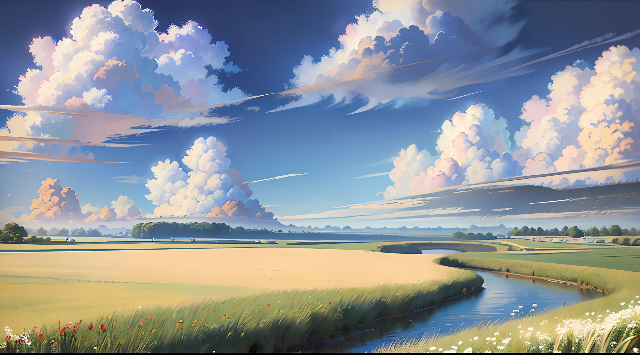 Realistic, authentic, beautiful and amazing landscape oil painting Studio Ghibli Hayao Miyazaki&#39;s petal grassland with blue sky and white clouds --v6