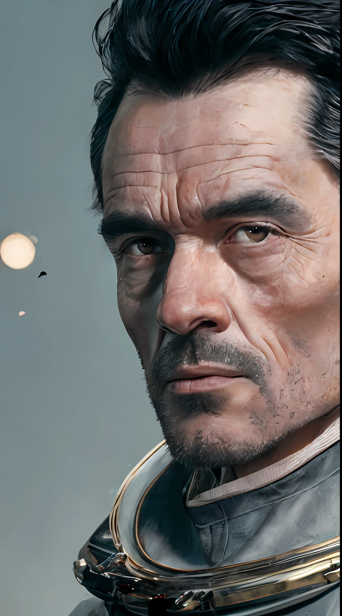 Nordic man 50 years, black hair, detailed face, scar on face, upper body, 3/4 flat, (closeup:0.9), (skin pores:1.1), 4k, hyper-realism, realistic, hyper-realistic, high resolution, in the artistic style of Filip Hodas, 35mm lens, cinematic, soft lighting, realistic epic, faded, ((neutral colors)), (hdr:1.5), soft colors, pastel, warm lights, dramatic light, complex background, (by Irakli Nadar), rutkowski, complex details, hyperdetailed, magnificent, elegant, cinematography, thoughtful face, Victorian spacesuit, cosmonaut, weightless flowing hair, steampunk space satellite in the background, two moons in the background,