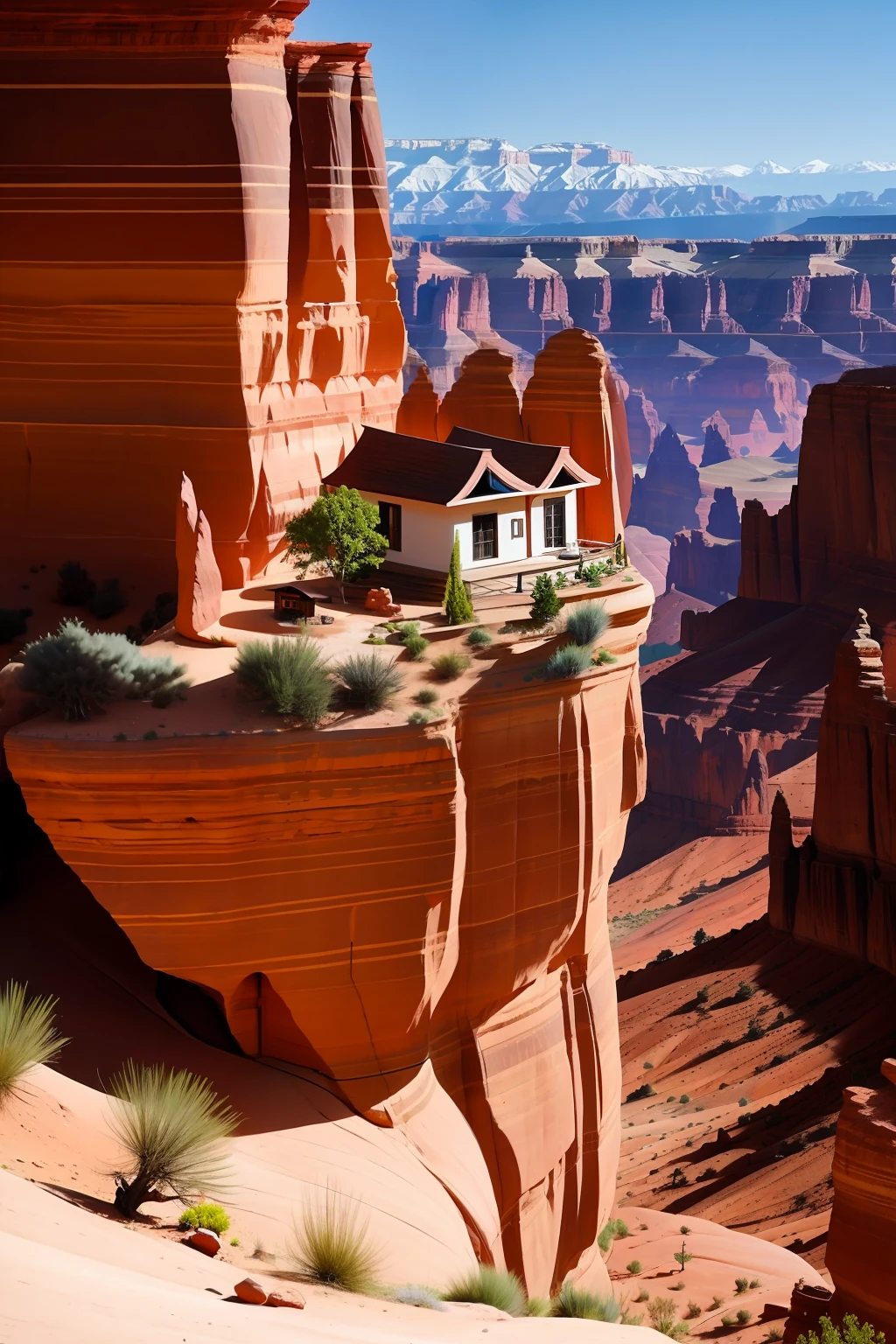 lone ranger house on edge of a tall steep red canyon mountain range, artistic, aesthetic, fantasy