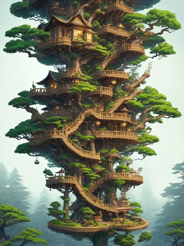 there is a tree house with a staircase and a tree in the middle, bonsai tree house, tree house, highly detailed illustration, tree town, treehouse, intricate detailed illustration, surreal + highly detailed, cyberpunk tree house, highly detailed digital artwork, best of behance, very detailed illustration, high detailed illustration, floral jungle treehouse, detailed intricate illustration, intricate 3 d illustration