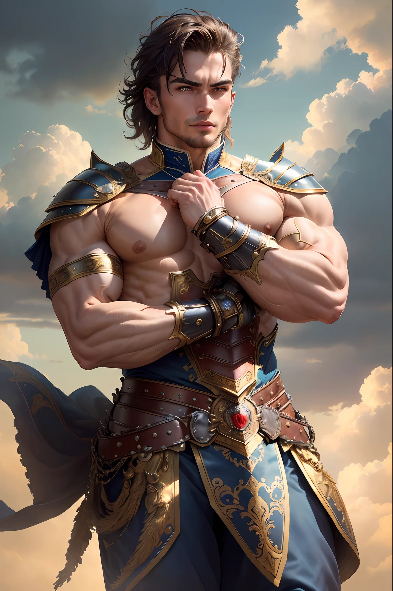 ((best quality)), detailed, ((attractive, but tasteful))warrior man, wearing Victorian-era armor,, ((fantastic pose)), ((flexed body)), ((a touch of sensuality)),((background: a sky full of clouds)), ((discreet lighting)).