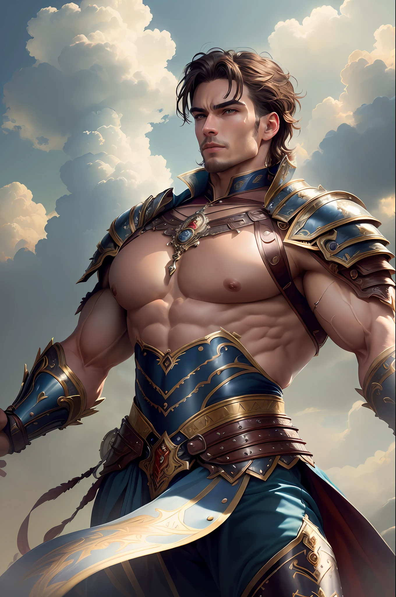 ((best quality)), detailed, ((attractive, but tasteful))warrior man, wearing Victorian-era armor,, ((fantastic pose)), ((flexed body)), ((a touch of sensuality)),((background: a sky full of clouds)), ((discreet lighting)).