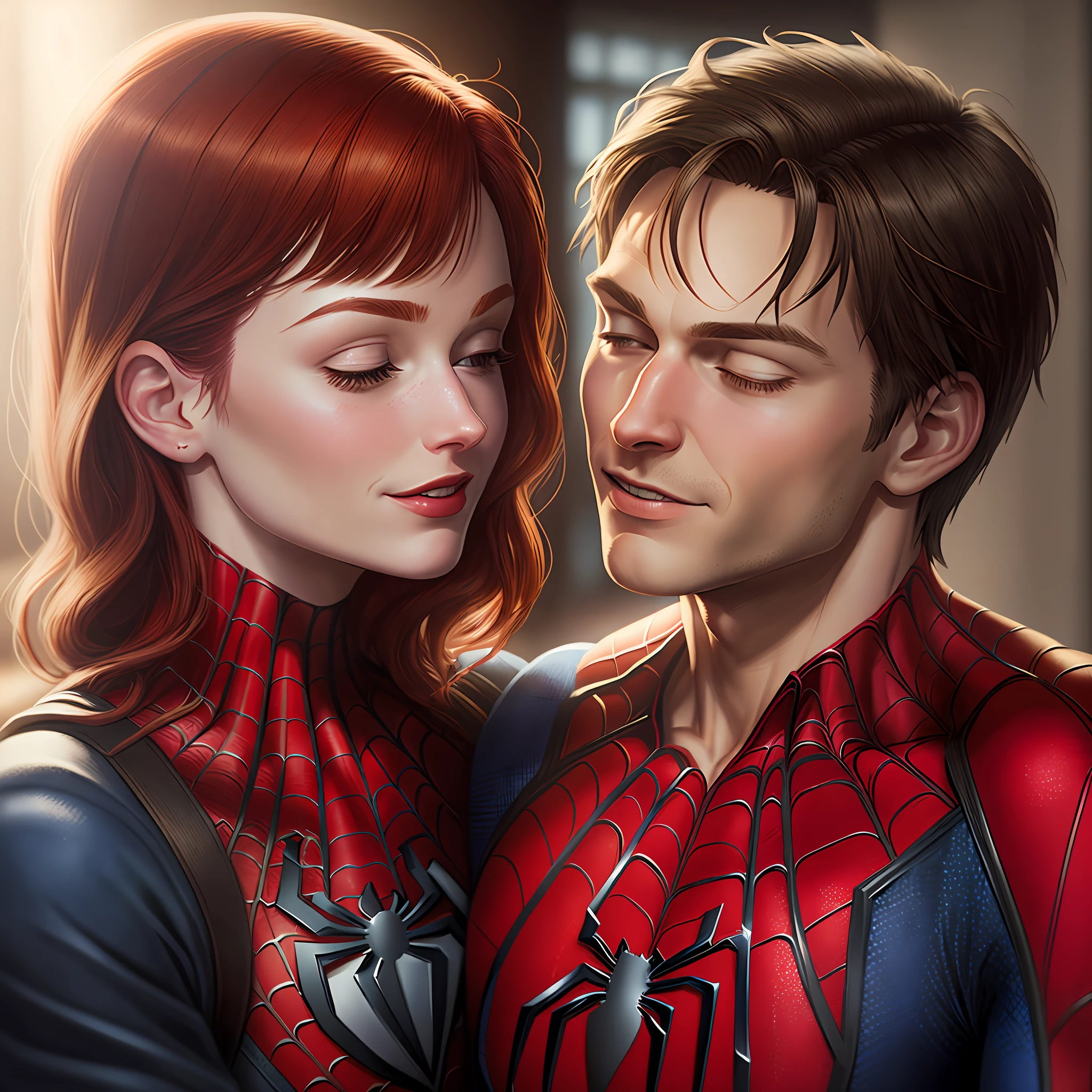 Spider-Man Without a Mask Kissing Mary Jane, Photorealistic