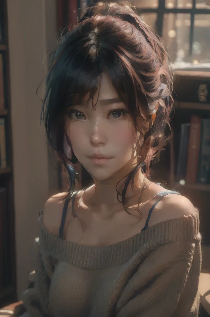 a woman with a sweater on sitting in front of a book shelf, portrait cute-fine-face, girl cute-fine-face, 🤤 girl portrait, beautiful asian girl, neat hair with bangs, cute natural anime face, korean girl, stunning anime face portrait, beautiful anime portrait, lovely delicate face, beautiful portrait image, beautiful girl portrait, cute portrait, with bangs
