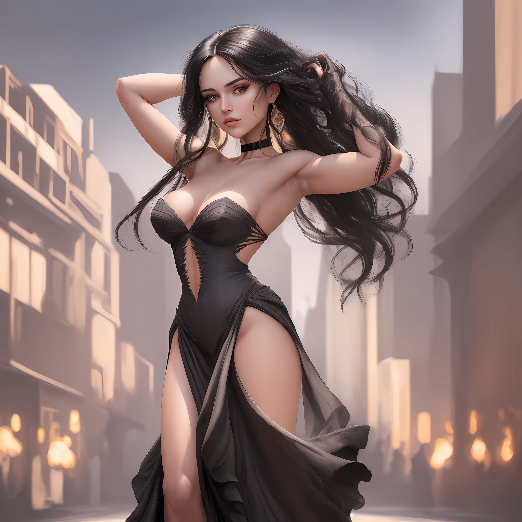 "Complete artwork masterpiece, high quality, ultra detailed in 4k, 8k, high resolution, hyper-realistic photo, hyper-detailed, realistic skin texture, amazing shadows, highly detailed background, extremely detailed texture, perfect lighting, high-level image quality." A woman posing for photos, fair skin, arms up, full body, various poses, black dress, shoulders showing, long dress covering body, long black hair, brown eyes, defined face, mouth ajar, small breasts, choker, background cityscape, use reference picture as role model