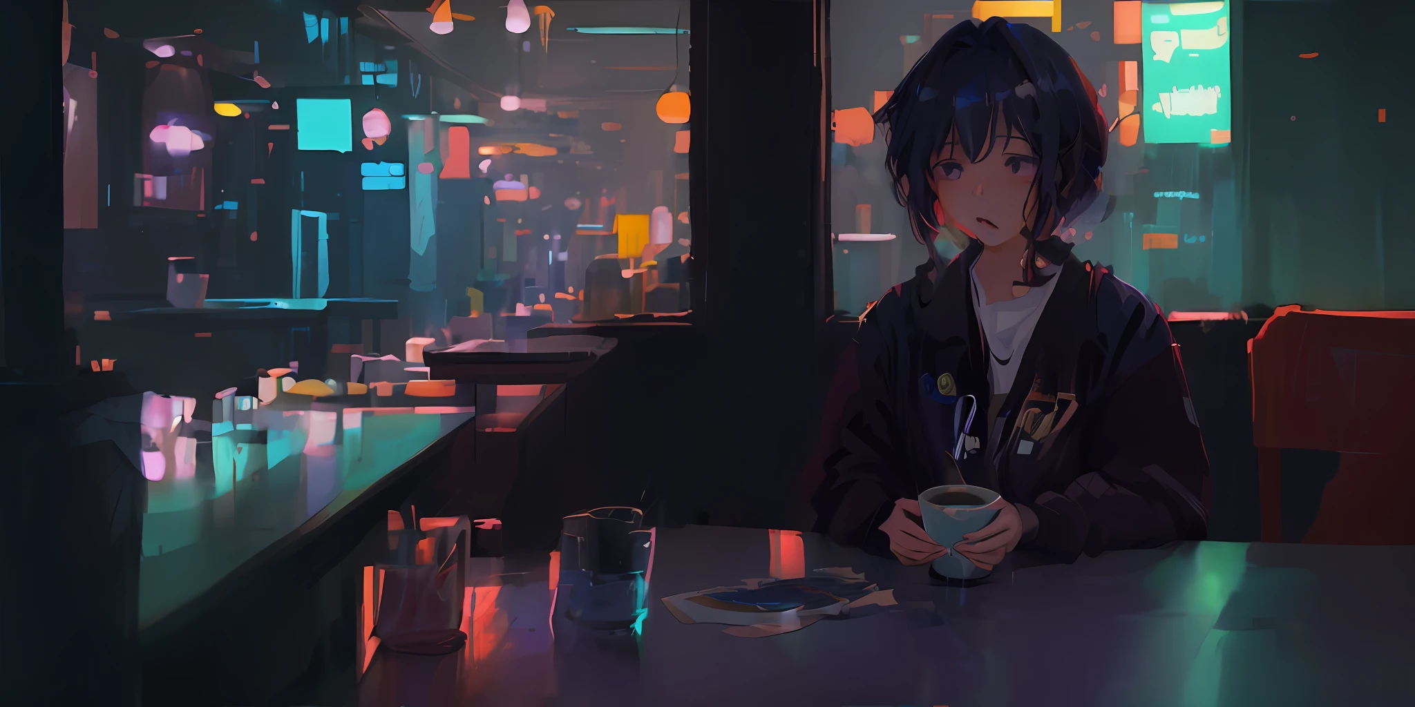 anime girl sitting at a table with a cup of coffee, anime style 4 k, anime art wallpaper 8 k, anime art wallpaper 4 k, anime art wallpaper 4k, anime style. 8k, 4k anime wallpaper, anime wallpaper 4 k, anime wallpaper 4k, mysterious coffee shop girl, lofi artstyle, lofi girl, digital cyberpunk anime art