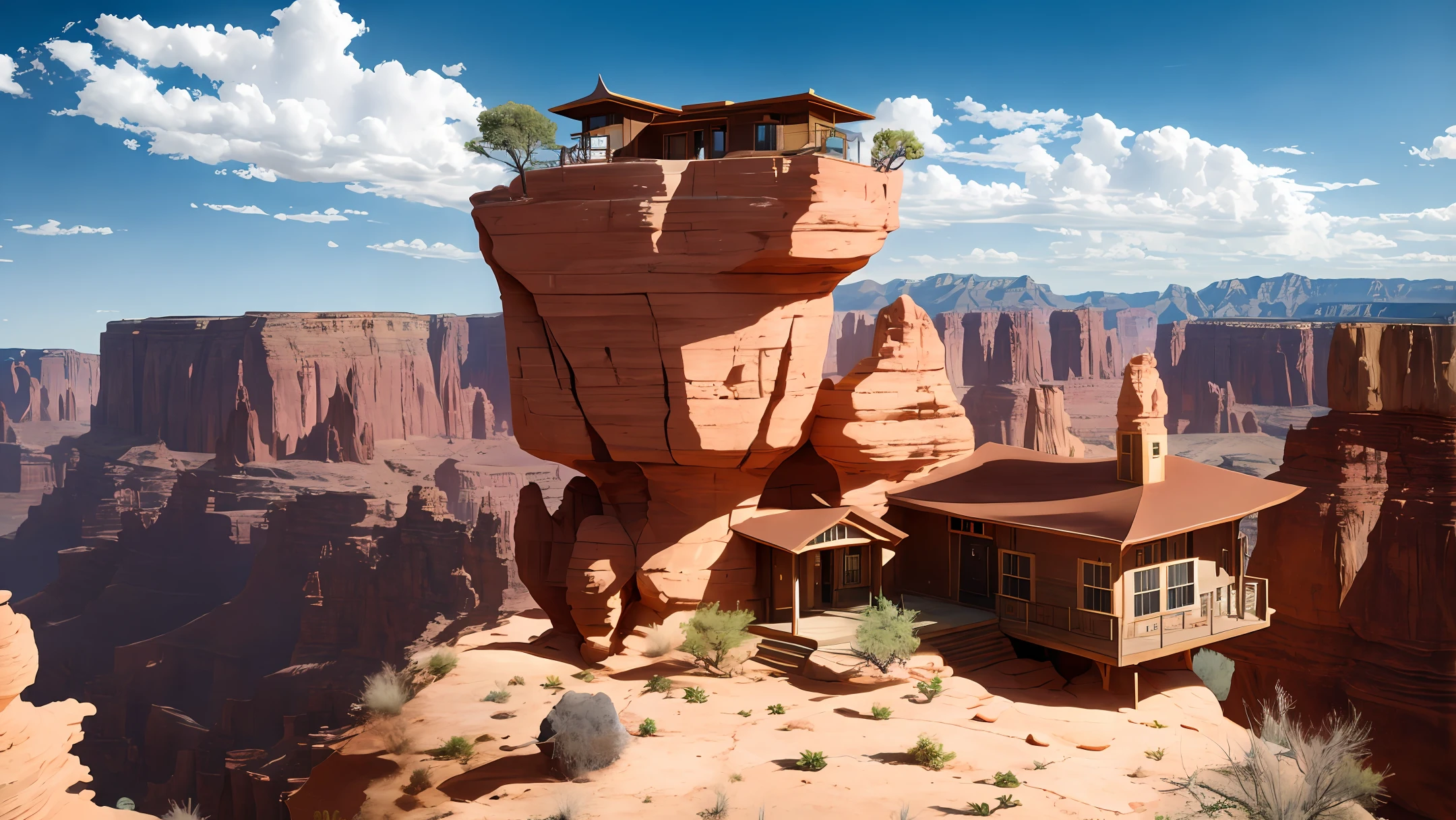 lone ranger house on edge of a tall steep red canyon mountain range, artistic, aesthetic, fantasy
