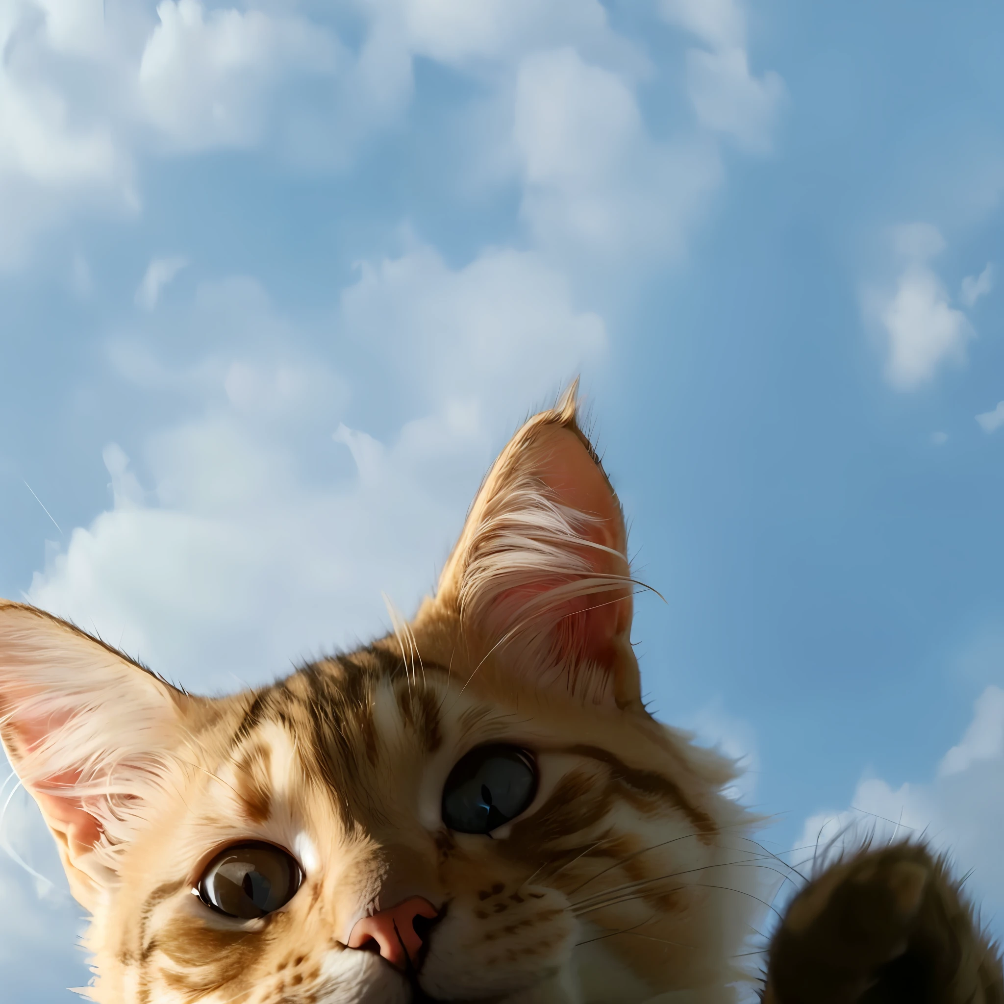there is a cat that is looking up at the sky, looking up at the camera, looking up at camera, cute cat photo, looking upwards, awesome cat, waving at the camera, looking up, upward shot, towering over the camera, paw pov, looking upward, looking at the sky, cute cat, cat is floating in air, perspective from below
