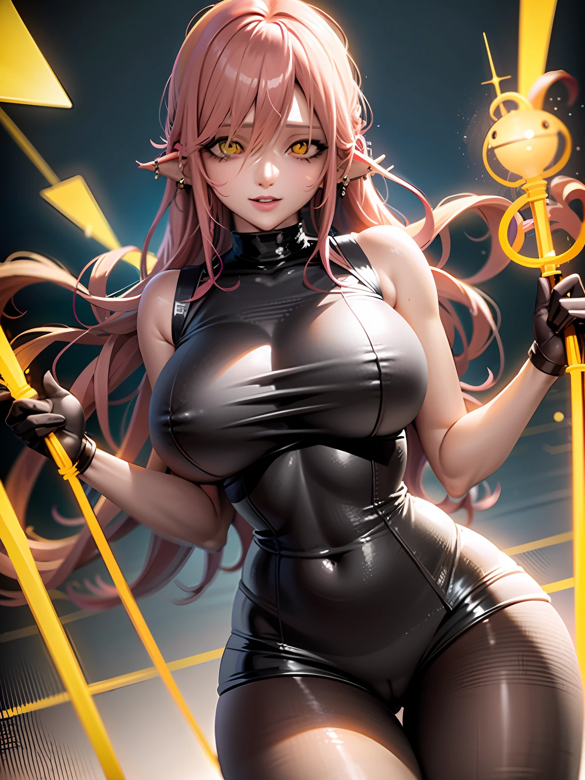 makima \(chainsaw man\) yellow eyes, glowing golden eyes, hourglass figure, big breasts, big butt, ear piercings, flowing pink hair, wet white top, black latex skirt, findom, money, holding cash