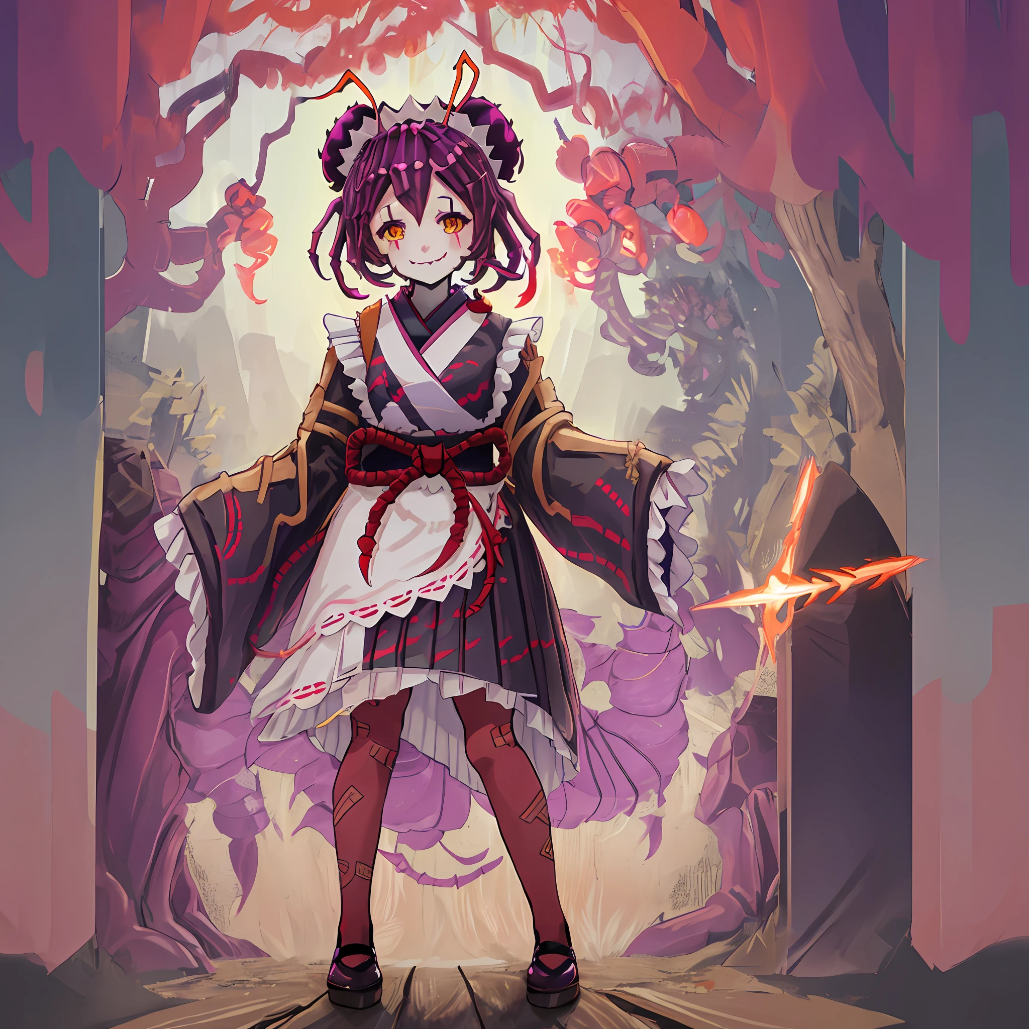 overlordentoma, 1girl, solo, looking at viewer, smile, short hair, simple background, long sleeves, standing, full body, yellow eyes, purple hair, pantyhose, frills, japanese clothes, shoes, wide sleeves, kimono, hair bun, black footwear, apron, sleeves past wrists, maid, maid headdress, fangs, standing on one leg, monster girl, colored sclera, antennae, arthropod girl, purple pantyhose, digital art, beautiful, detailed, perfect anatomy